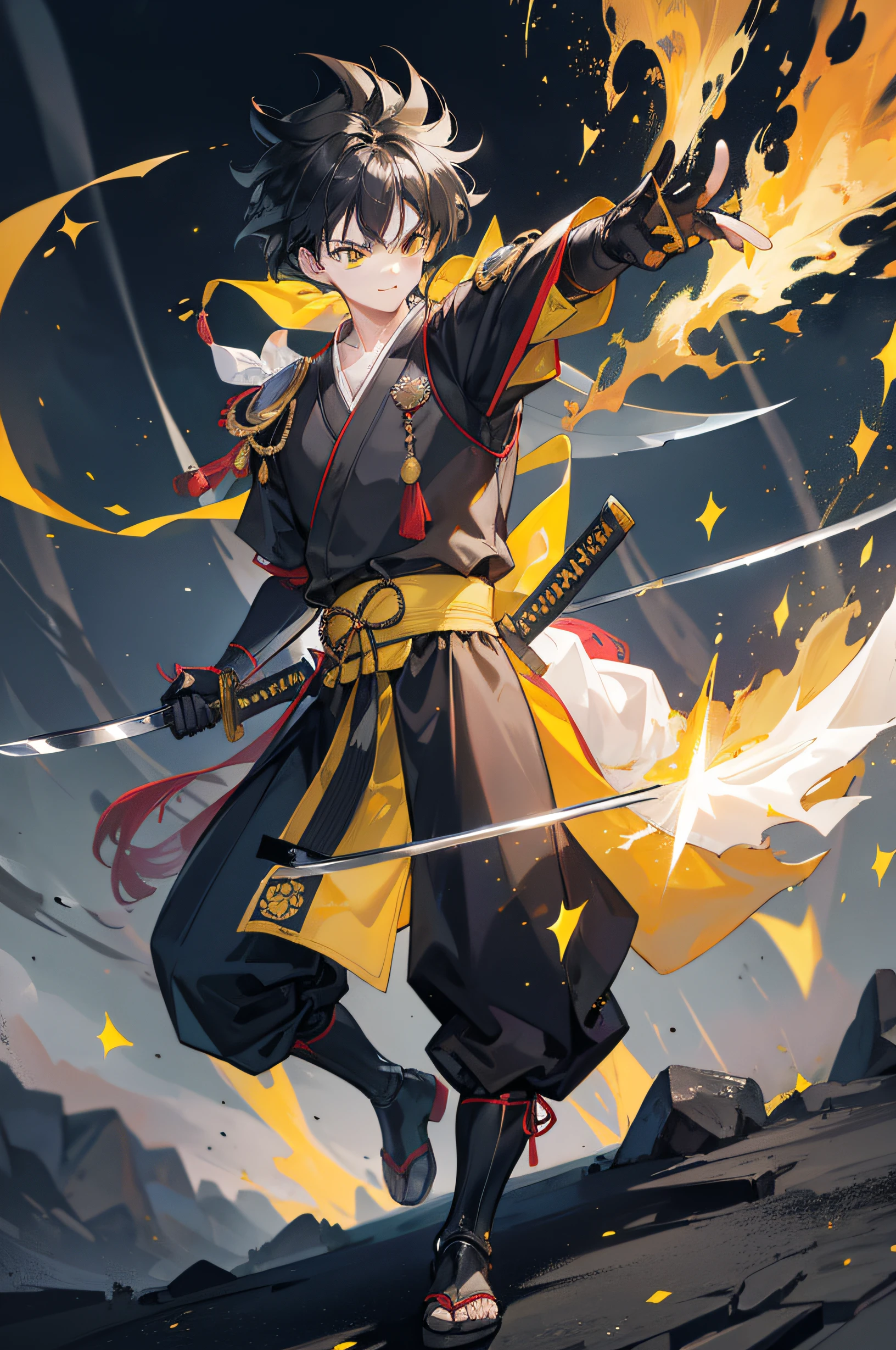 masterpiece, best quality, 1boy, trunk in dragon ball, black hair, upper white armor, kimono black clothes, white gloves, white boots, black eyes, spiky hair, hollow mask, (katana:1.4), zanpakutou, smiling,( at night:1.4), night, low light, natural light, fighting pose, damaged clothes, damaged skin, street, japanese street, low light, light rays, aura power, (yellow particles:1.4),(floating particles:1.4), doing a power, angry eyes, looking ahead, male focus, muscles, movie composition, deth of field, bokeh, standing, full body, high detail, 8k image