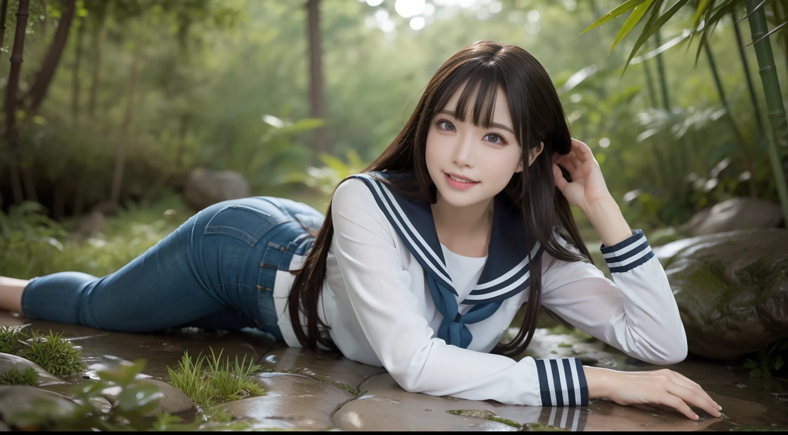 a pregirl，ssmile, looking at viewert, sailor uniformm,skintight jeans，photore, realisticlying, Best quality at best, employee, 详细的脸，Lying on a large mossy stone in a bamboo forest， diffuselighting, depth of fields