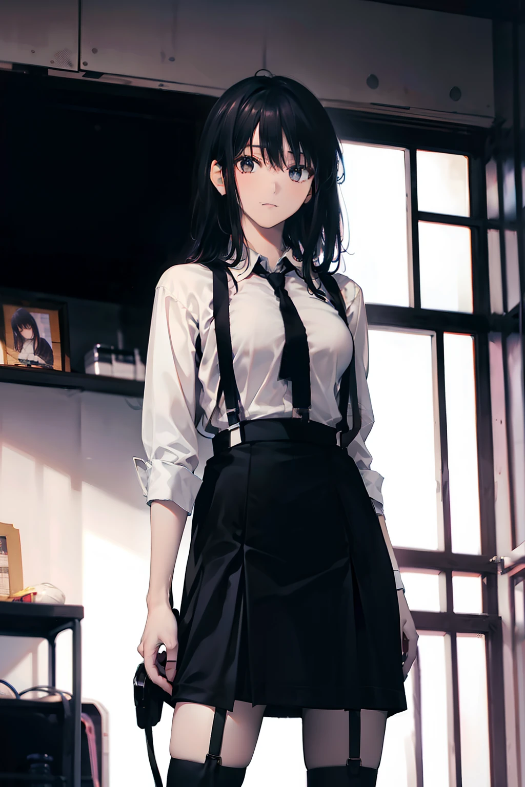 a black skirt, neck tie, Cutter shirt suspenders, Long Black Hair, Gray eyes, holster, Garter belt on the legs, , Big breasts, Pichi Pichi clothes, both sides deadpan Behind