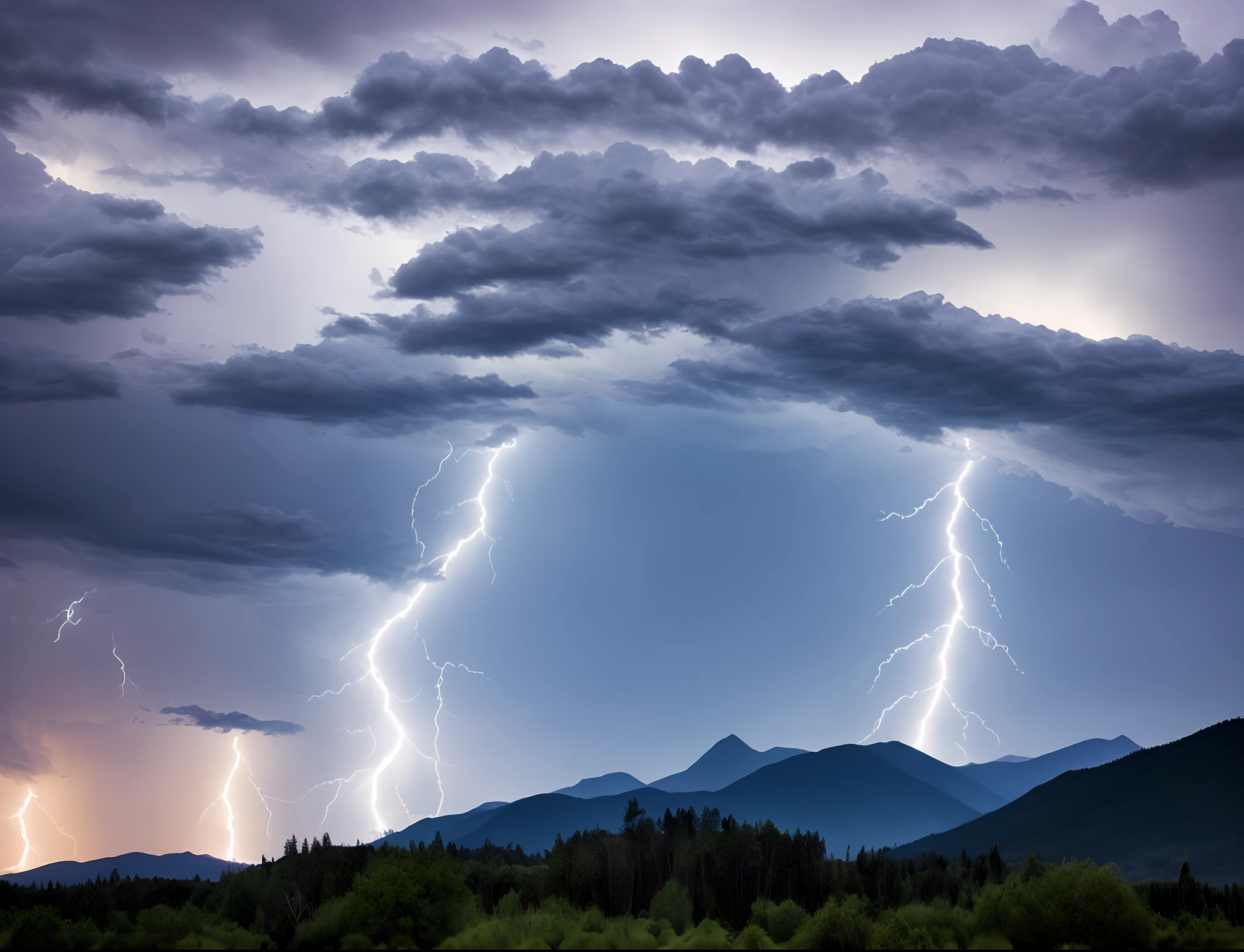 Dark clouds, rain, mountains, lightning