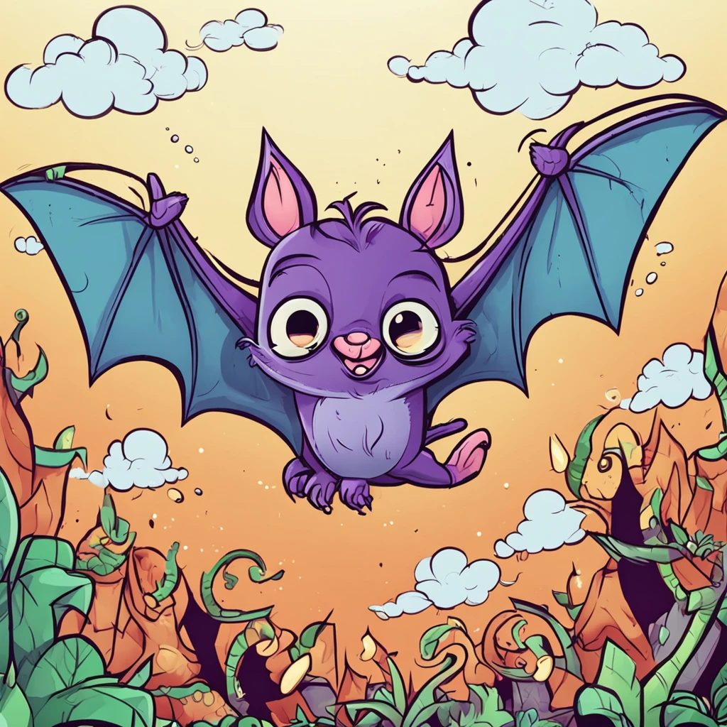 Two-dimensional game cartoon tender bat, colorido, estilo cartoon, Vibrant and dynamic backgrounds, personaje principal amigable y adorable, with expressive facial expression and attractive details.