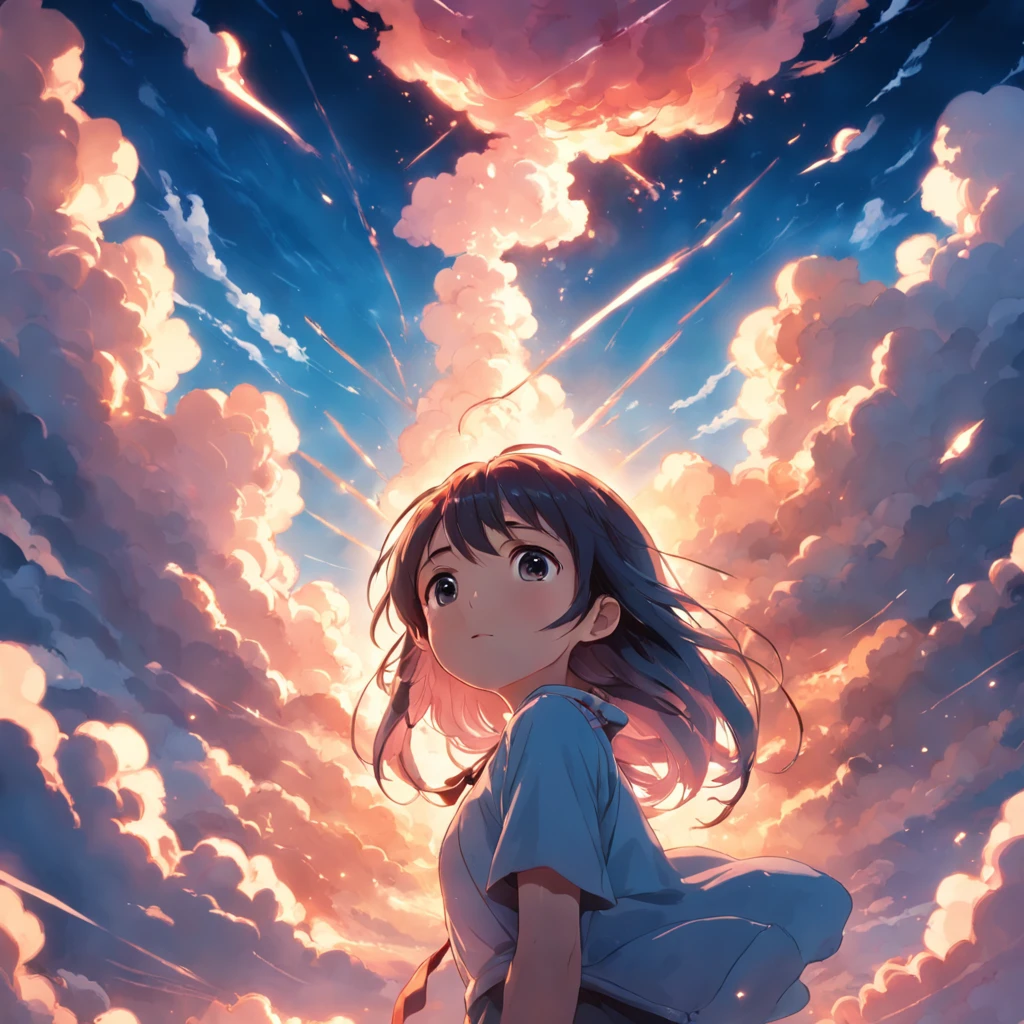 masterpiece, best quality, movie still, 1girl, cloud girl, floating in the sky, close-up, bright, happy, warm soft lighting, sunset, (sparks:0.7)