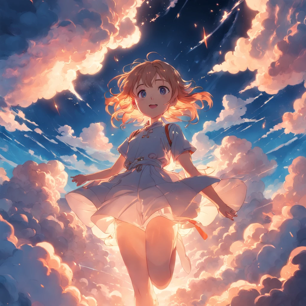 masterpiece, best quality, movie still, 1girl, cloud girl, floating in the sky, close-up, bright, happy, warm soft lighting, sunset, (sparks:0.7)