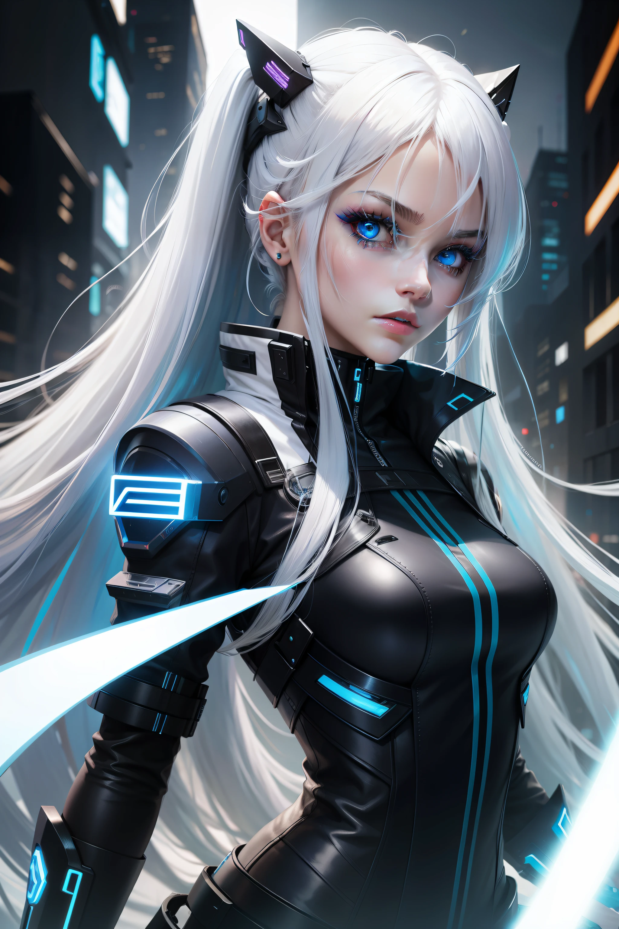 cyber punk perssonage,one-girl,long white hair,blue color eyes
