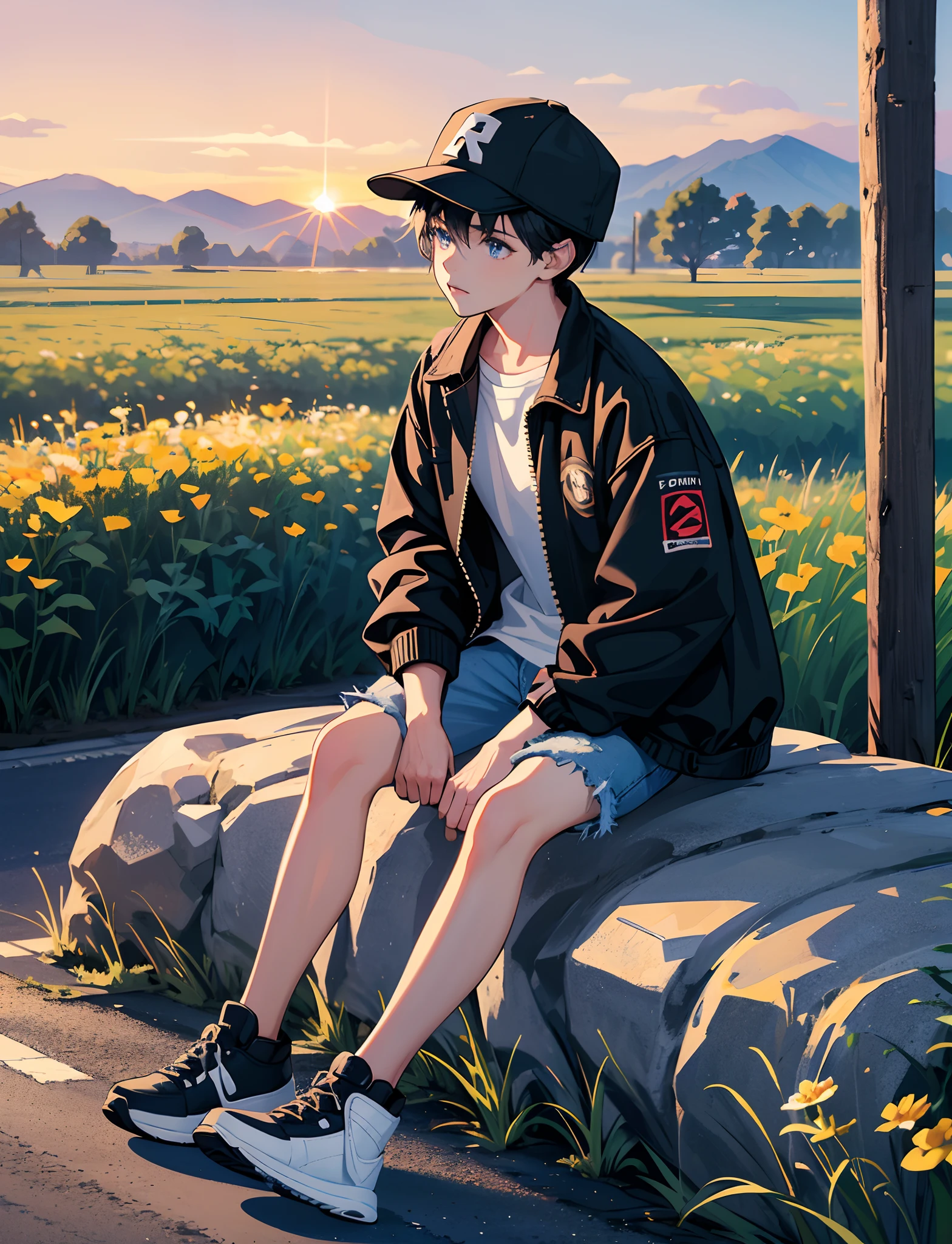 A young boy with，black color hair，Wear a denim jacket，With a baseball cap，Wear sneakers，blue color eyes，Sitting on a stone on a country road，There are flowers and plants by the road，Sunset and sunset，Full body photo of side lens，Ultra-high definition