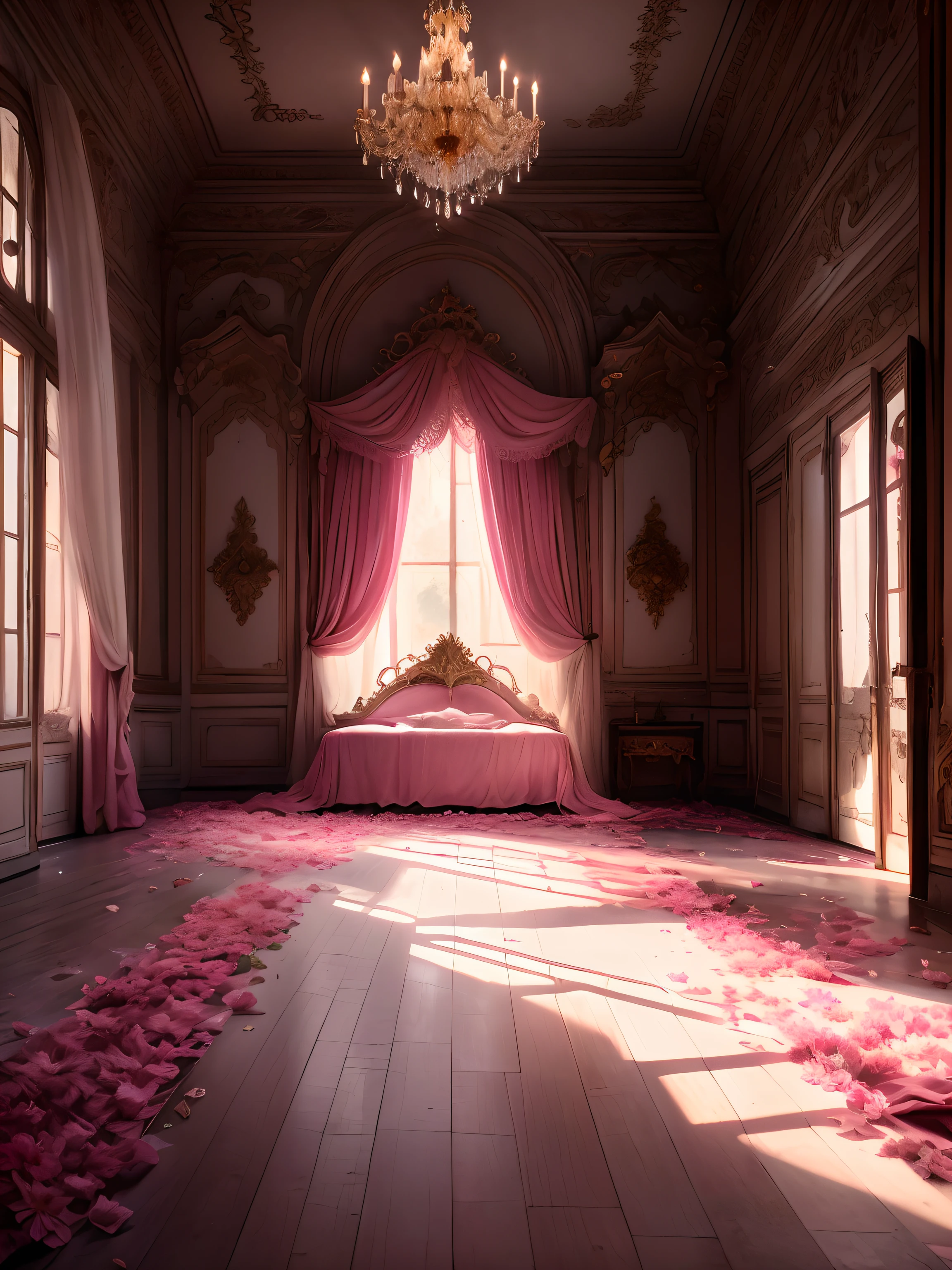 There is a bedroom with a window and a pink carpet on the floor, atmosfera sonhadora e drama, Senhorita Aniela, An abandoned Rococo Hall, atmosfera de sonho, beautiful render of a fairytale, Sala do trono decadente, atmospheric beautiful details, Motor irreal ; romantic theme, bed of flowers on floor, cena de sonho, magical ambiance + master part