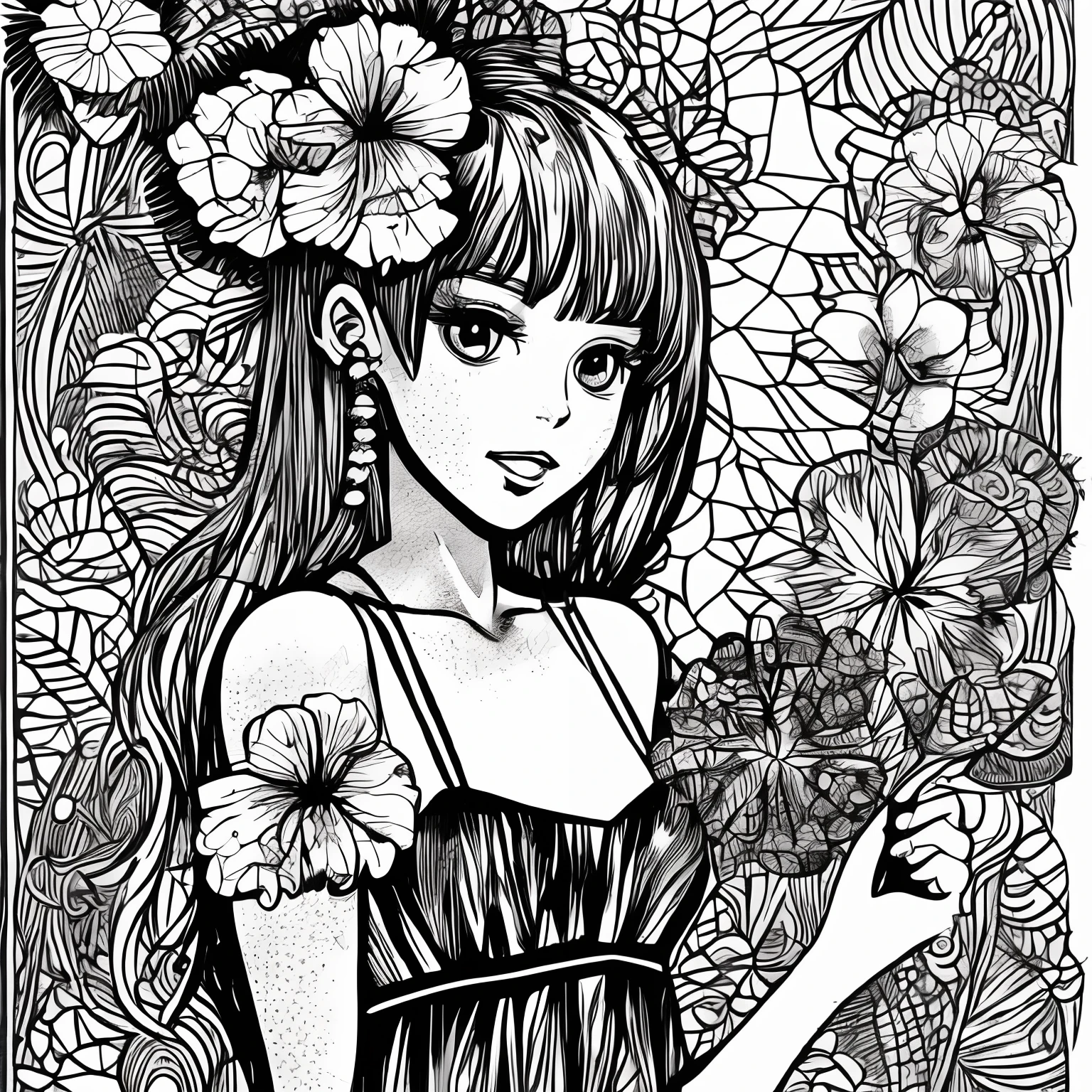 Black and white stick figure 1 girl with hibiscus flower in background, loli in dress with flowers, its fine ink line art, comic style, portrait of ploynesian girl, Marilyn Munroe, Hollywood glam, beautiful line art, black and white comic style, manga style, manga art style, pencil and ink caricature drawing, black and white coloring --auto --s2