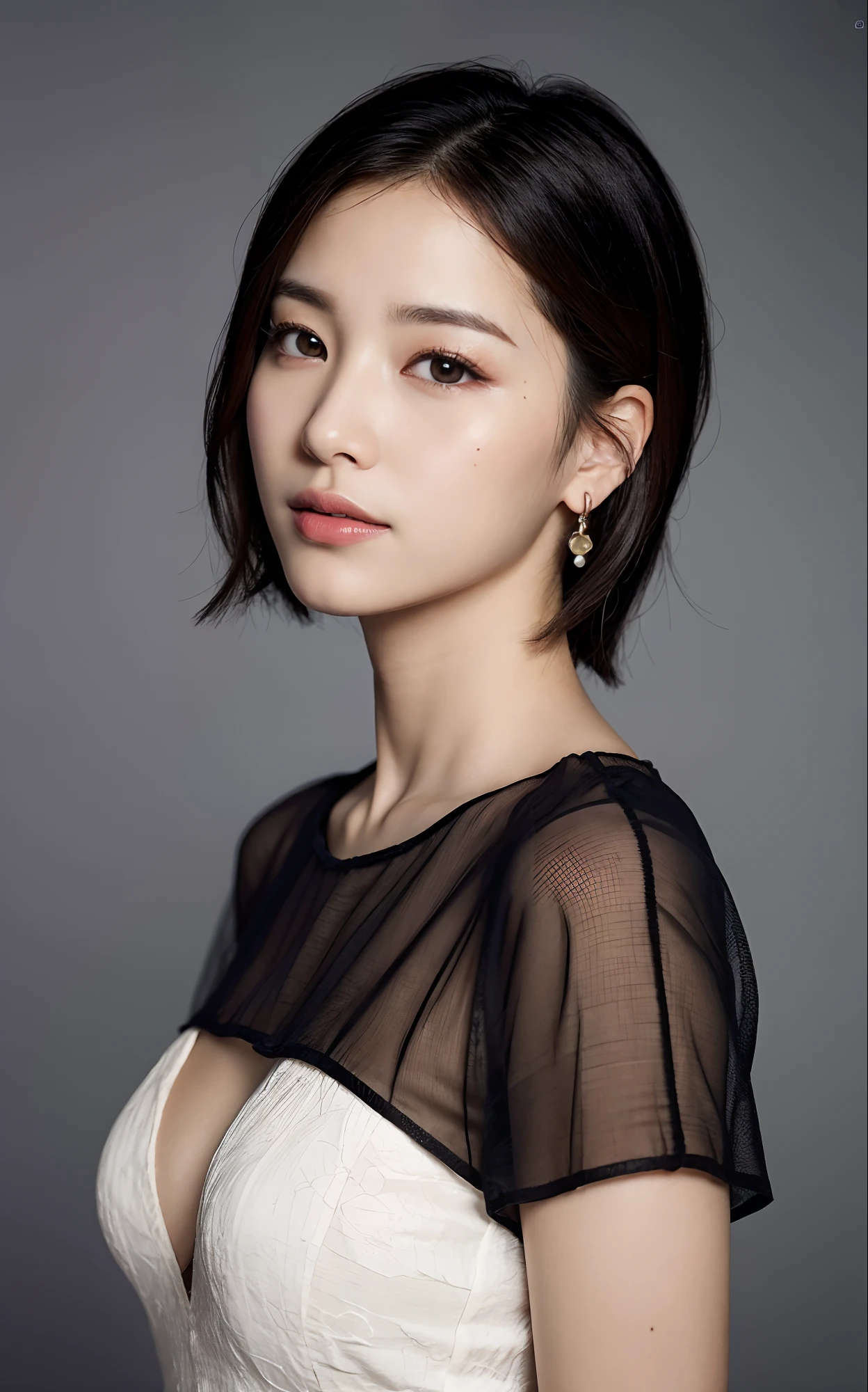 Girl,Around 20 years old,with short black hair,Black eyes,pearls necklace,evening formal robes,Pearl earrings,Asia face,The expression is cold,Look up