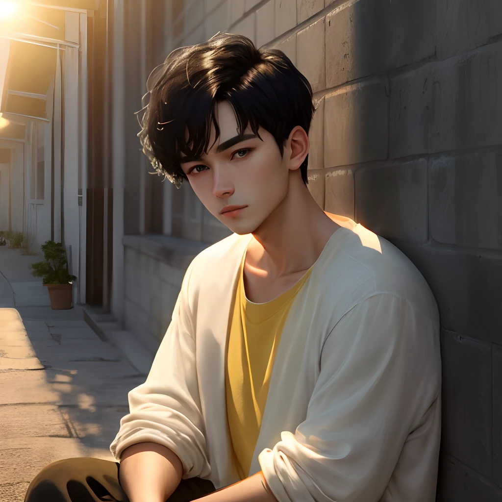 Short black hair, yellow light shining in the sun, sitting against the wall and tilting his head,Girl in linen soft clothes,Gray eyes but glowing light