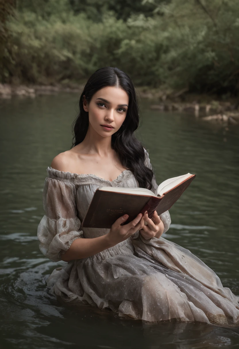 Black hair woman in water holding a book in her hands, realistic fantasy rendering on a river, foto de retrato de pintura fosca, fotografia de fantasia realista,em um lago,imagem vista de cima