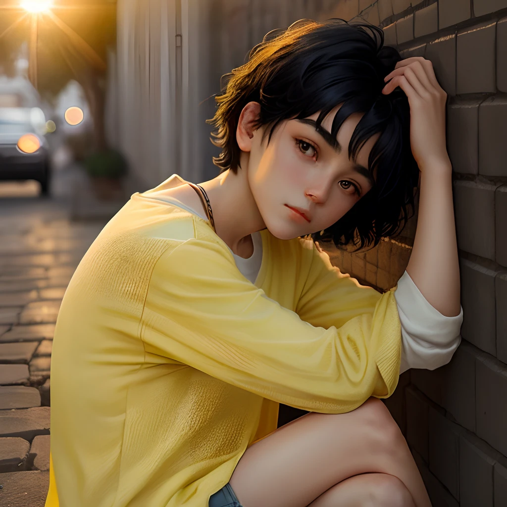 Short black hair, yellow light shining in the sun, sitting against the wall and tilting his head，Girl in linen soft clothes，Gray eyes but glowing light