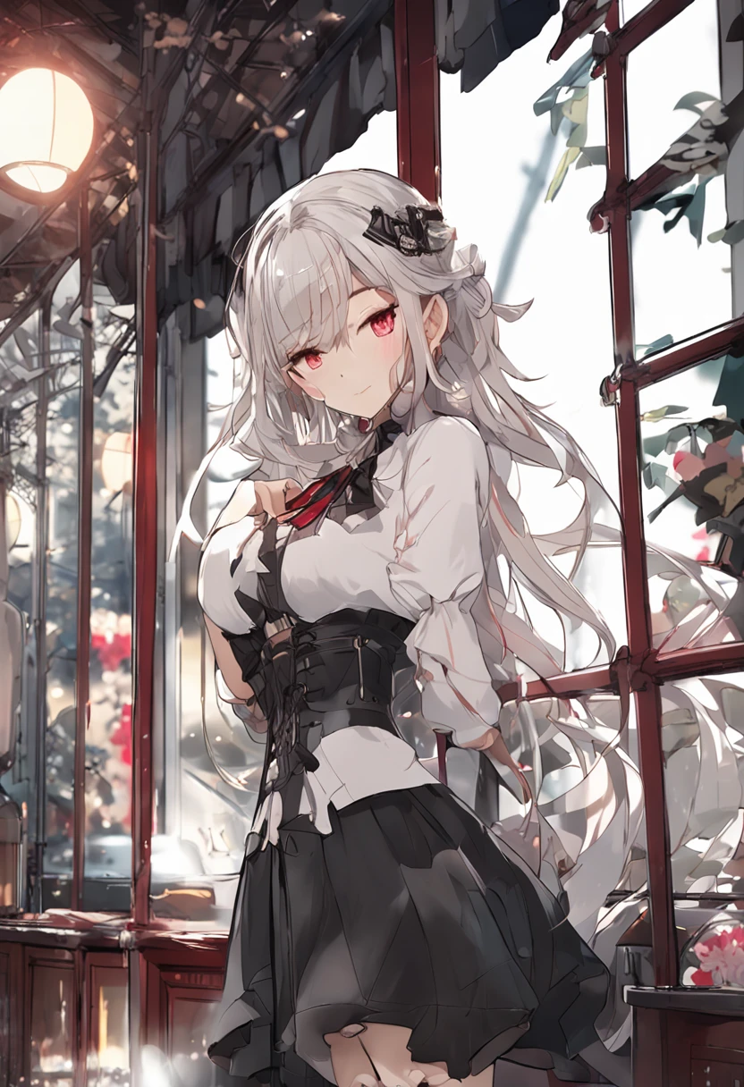 masterpiece、Top image quality、high detailing、Detailed beautiful face and eyes、abajour、window、(nighttime scene:1.5)、nighttime scene、(red eyes:1.4)、Delicate interior design、Longhaire、1girl in、(White hair)、length hair、red blush、(a beauty girl)、cute little、((garterbelts))、huge-breasted、A smile、耳环、Character Center、(Kamimei:1.2)、Big buttocks、Tsuriformes、Small pants、 (Curvaceous:1.2)、(Black pleated skirt:1.4)、White blouses、、thick leg、a belt、Blunt bangs、Blunt bangs、pretty pose、校服、cowboy shot、((I can see panties))、dynamic ungle、(In black stockings:1.3)、(Pants over pantyhose:1.3)、(Slit in skirt:1.4)、(cleavage of the breast:1.8)、(Open legs:1.4)