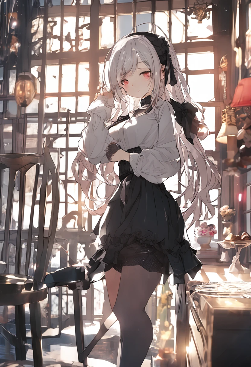 masterpiece、Top image quality、high detailing、Detailed beautiful face and eyes、abajour、window、(nighttime scene:1.5)、nighttime scene、(In black stockings:1.3)、(Pants over pantyhose:1.3)、(red eyes:1.4)、(Kneeling:1.4)、Delicate interior design、Longhaire、1girl in、(White hair)、length hair、red blush:1、(a beauty girl)、cute little、((garterbelts))、((Eye lashes))、huge-breasted、cleavage of the breast、A smile、Long Globe、耳环、Character Center、(Kamimei:1.4)、((I can see panties)))、Big buttocks、Tsuriformes、Small pants、 (Curvaceous:1.2)、(frombelow:1.1)、(Black pleated skirt:1.4)、White blouses、、thick leg、a belt、Blunt bangs、(Open legs:1.6)、Blunt bangs、pretty pose、(Strong wind from below:0.7)、Angle from the side、校服