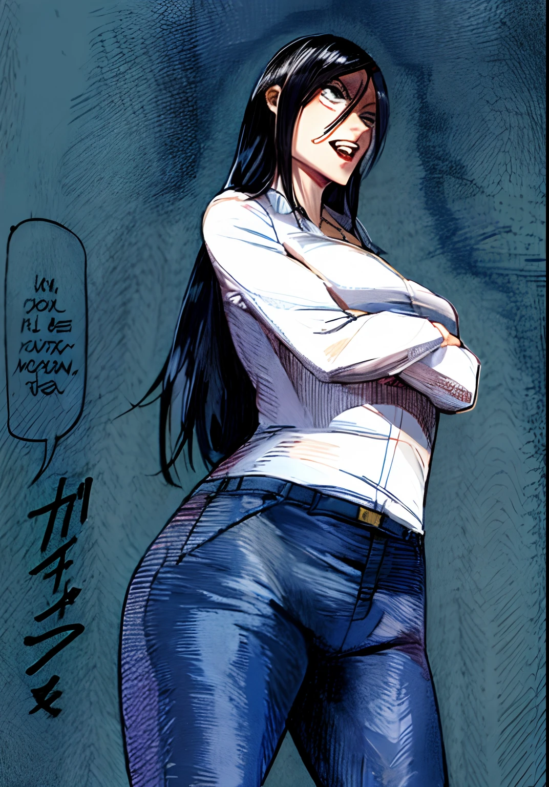 Una caricatura de una mujer con pantalones ajustados y una camisa