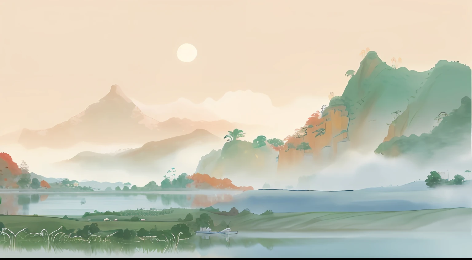 Paint a mountainous landscape with a lake and boats, peaceful scenery, , Anime landscape, Chinese watercolor style, peaceful landscape, serene illustration, painted landscape, Detailed scenery —width 672, in a serene landscape, Dreamy landscape, Chinese landscape, beautiful serene landscape, landscape artwork, digital landscape art, ethereal landscape, serene scene