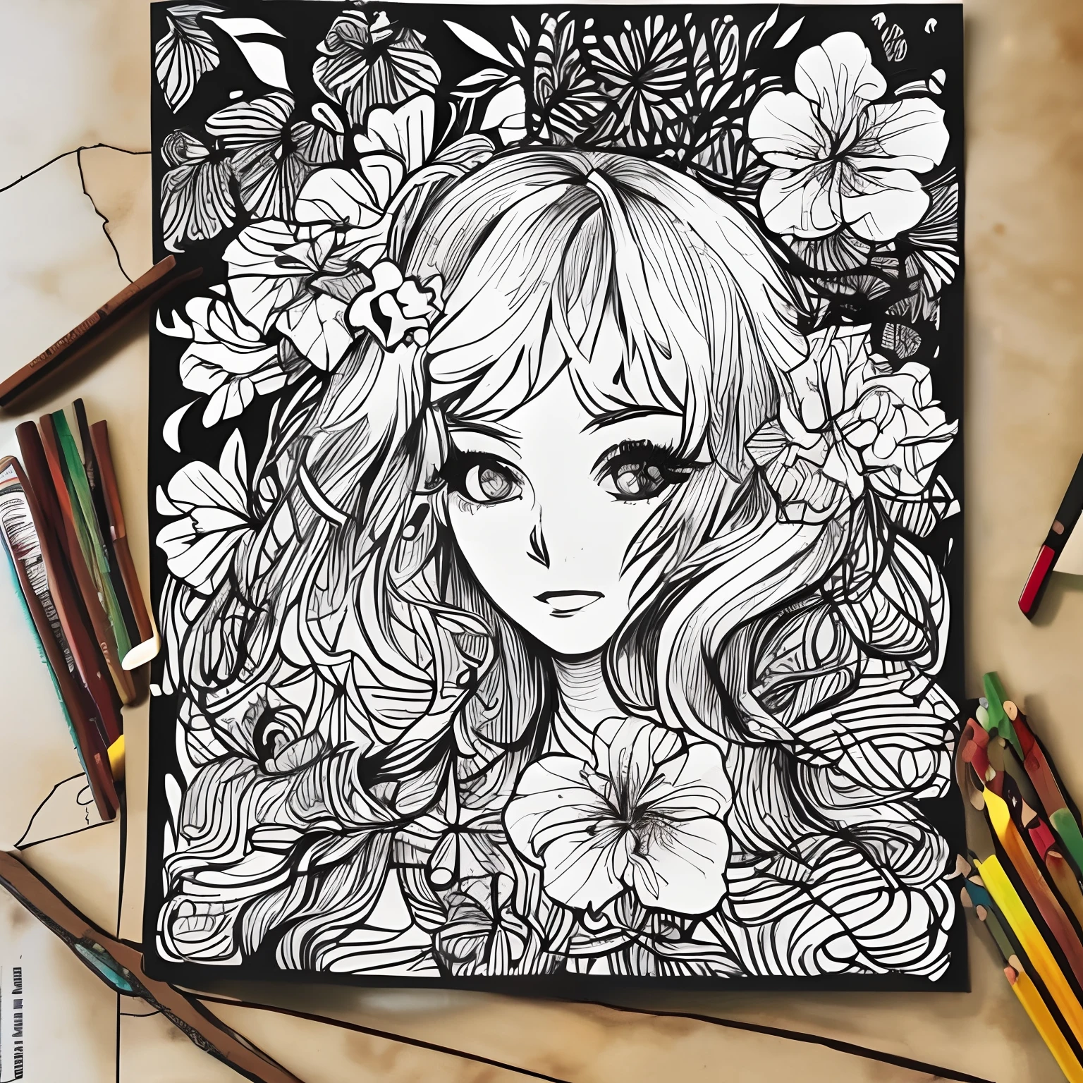 Black and white stick figure 1 girl with hibiscus flower in background, loli in dress with flowers, its fine ink line art, comic style, portrait of ploynesian girl, Marilyn Munroe, Hollywood glam, beautiful line art, black and white comic style, manga style, manga art style, pencil and ink caricature drawing, black and white coloring --auto --s2