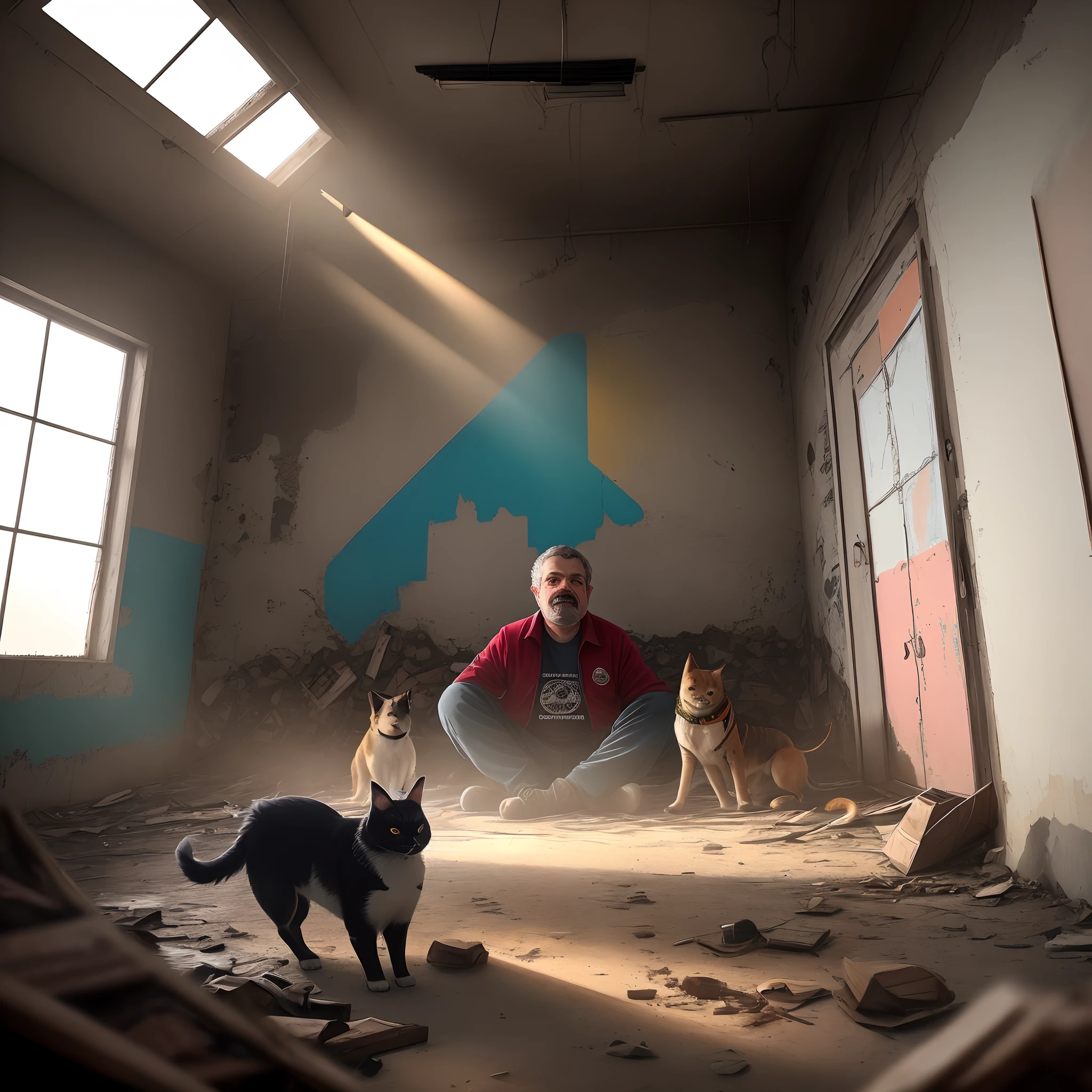 President Luiz Inácio Lula da Silva with his face full of tattoos, inside an abandoned factory with walls filled with graffiti, luzes neon, favela, Uplighting, pessoas estranhas ao redor olhando com cara de curiosidade e medo ao mesmo tempo, 20 pessoas, some dogs and cats plus insects scattered everywhere. Windows with broken glass and rays of sunshine illuminating the scenery