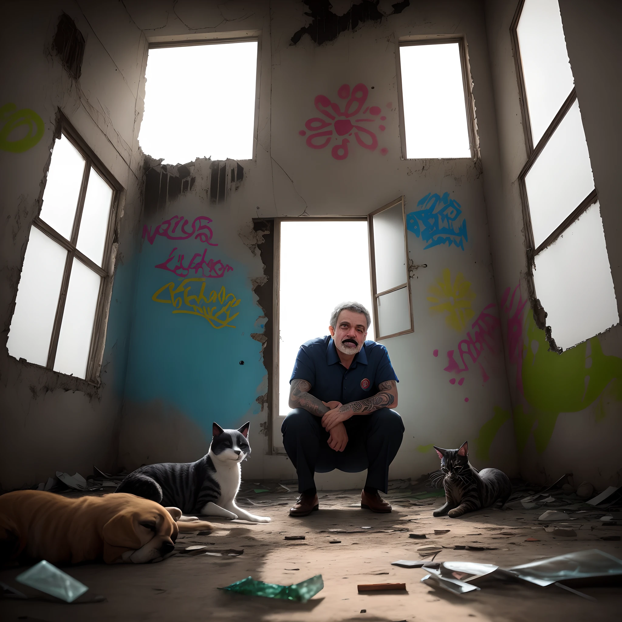 President Luiz Inácio Lula da Silva with his face full of tattoos, inside an abandoned factory with walls filled with graffiti, luzes neon, favela, Uplighting, pessoas estranhas ao redor olhando com cara de curiosidade e medo ao mesmo tempo, 20 pessoas, some dogs and cats plus insects scattered everywhere. Windows with broken glass and rays of sunshine illuminating the scenery