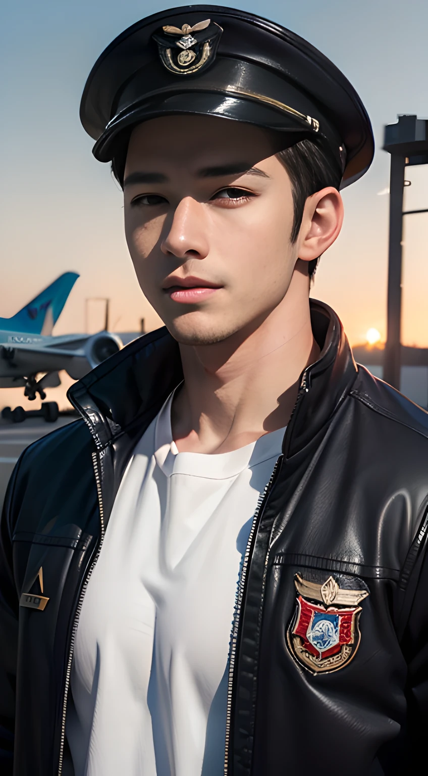 ((Men only)), (head shot), (frontal face), (handsome muscular man in his 20s), (pilot), (The pilot wears jacket, adorned with insignia, complemented by a fitted white cap), (airplane in the background), (Chris Redfield), (short hair), (Mischievous smile), (detaile: 1 in 1), Natural muscles, HIG quality, beautidful eyes, (Detailed face and eyes), (Face、: 1 / 2), Noise, Real Photographics、... .................................................................................................................PSD, Sharp Focus, High resolution 8K, realisitic & Professional Photography, 8K UHD, Soft lighting, High quality, Film grain, FujifilmXT3