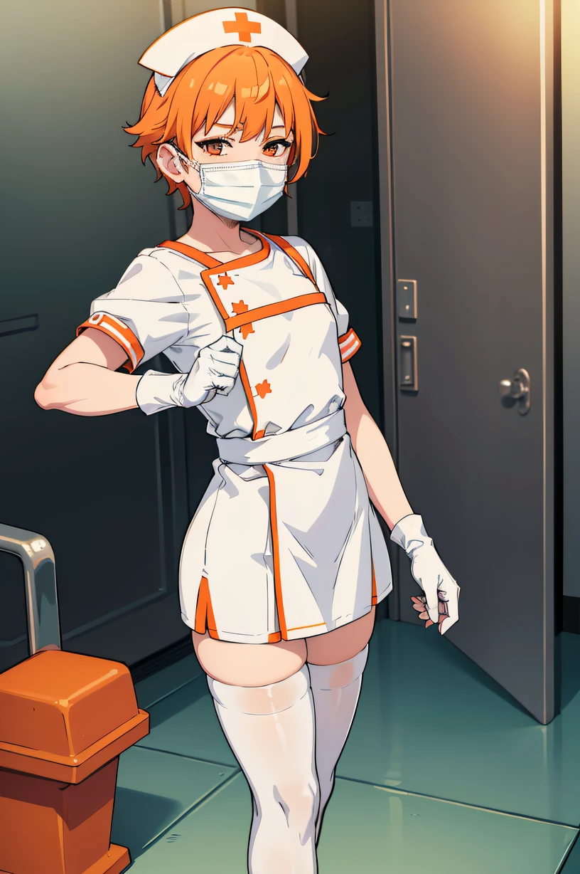 1 boy, Nurse, Nurse Cap, Whiteware, ((White legwear, zettai ryouiki)), White Gloves, Short short hair, Orange hair, ((White surgical mask, Cover the nose)), Standing, hospitals, sharp outline, Short sleeves, Shota, 12year old, Best Quality, masutepiece