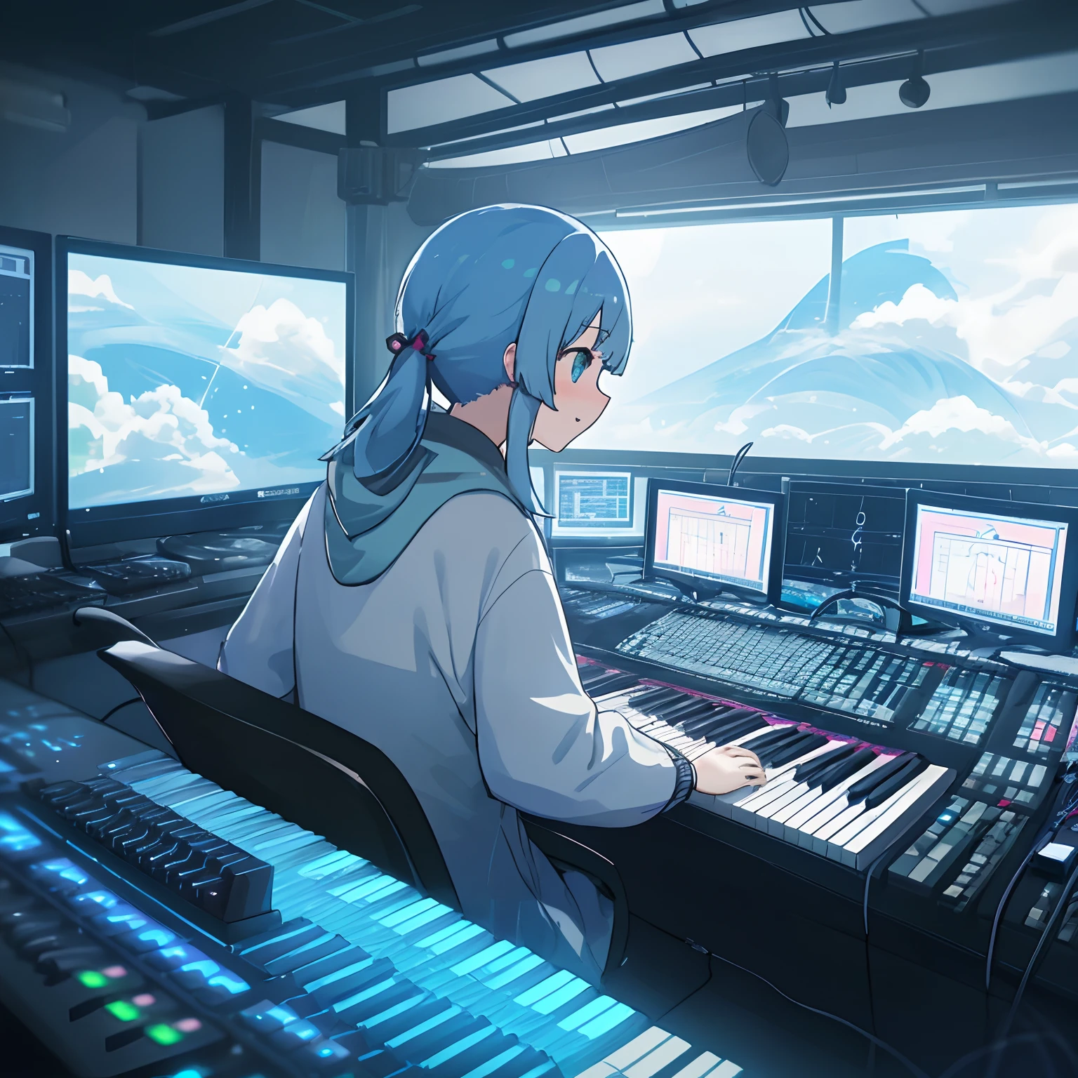 genshin_impact, 1girl, kamisato, ayaka, kamisato_ayaka, fl_studio, computer, music_keyboard, studio_speakers, music_studio, blue_hair