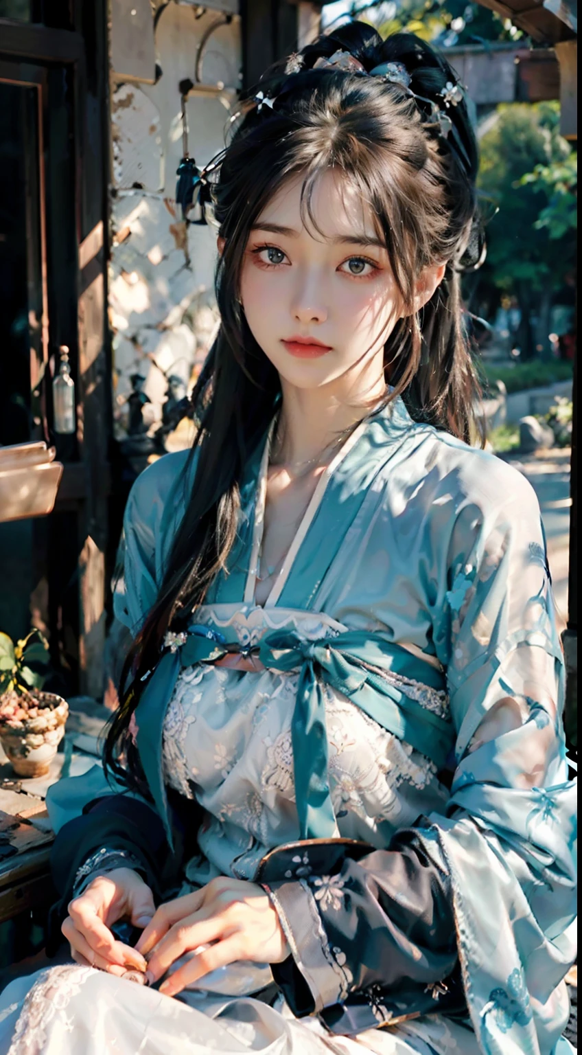 ulzang-6500-v1.1,(RAW photo:1.2), (Photorealistic:1.4), Beautiful Meticulous Girl, very detailed eyes and faces, Beautiful detailed eyes,  hugefilesize, ultra - detailed, A high resolution, Super clear，The is very detailed，（（chiseled abs：1.1），（perfect bodies：1.1），（long whitr hair：1.2），（Silvery hair），Lace collar，（（wearing a hanfu，White Hanfu，Lilac pattern）），（（Cardigan Hanfu）），（Very detailed CG 8k wallpaper），（Extremely refined and beautiful），（tmasterpiece），（best qualtiy：1.0），（超A high resolution：1.0），Beautiful light，Perfect light，realistic shaded，[A high resolution]，Detailed skins， Hyper-detailing（（（a color））），high realistic，Bigchest，Perfect face