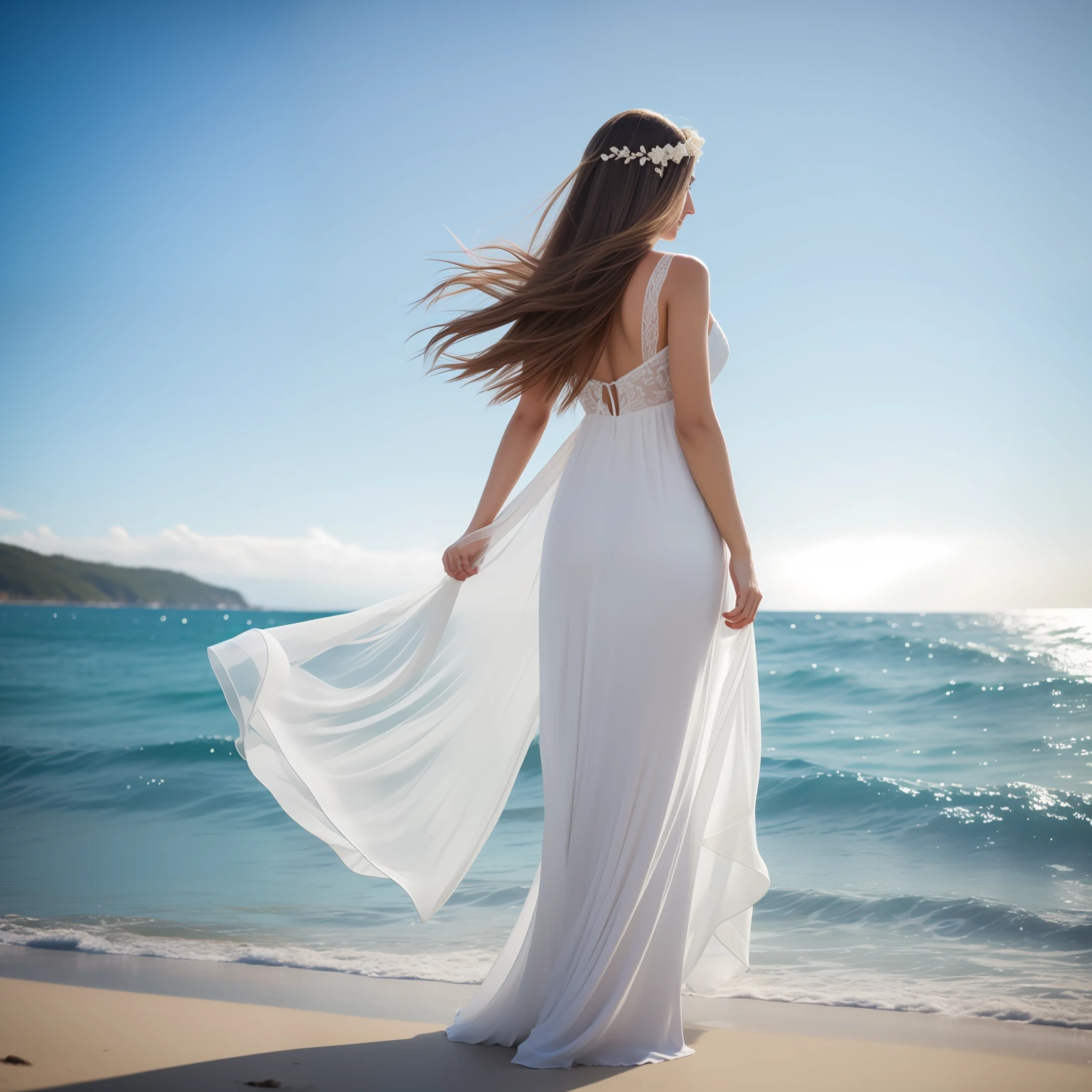 Uma mulher andando flutuando sobre o mar,vestido branco, cabelos ao vento, como uma deusa, altamente detalhado, imagem real, realista, GREAT DETAILS, intrincate details, fotografia profissional