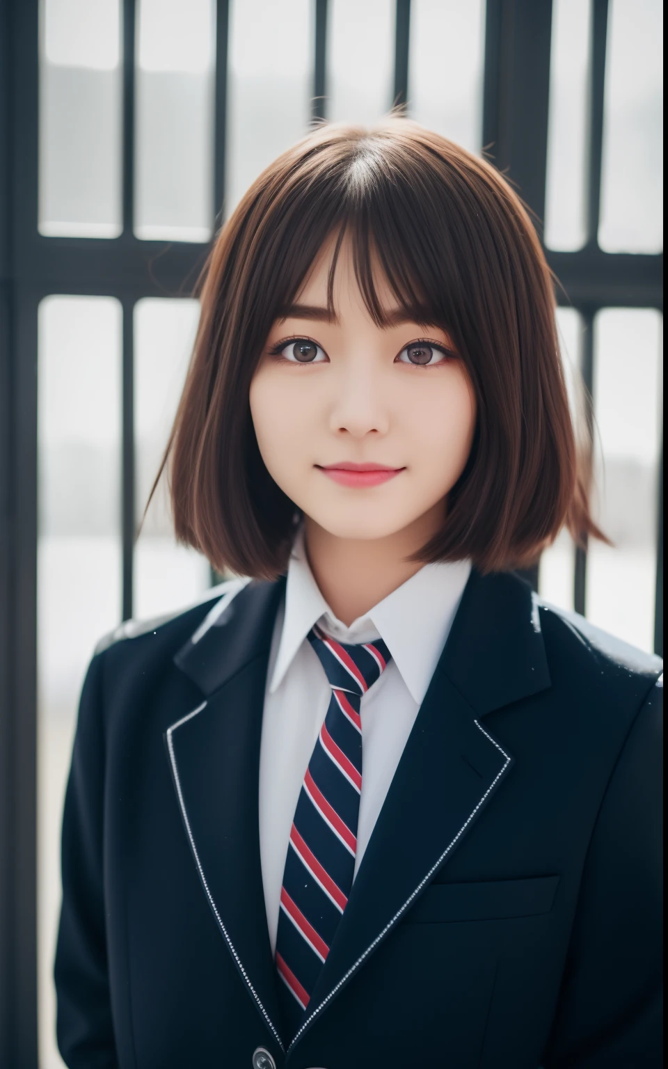Winter landscape outside the window、Schools、winter uniform、8K raw photos、hight resolution、Short-cut hairstyles 、Women in Japan 、student clothes、neck tie、Tie Ribbon、blazers、a miniskirt、beautiful eyes finely detailed、long eyeslashes、Beautiful double eyelids、eyeshadows、Slender eyes、Sanpaku eyes、Dark Eye Makeup、A slight smil、Beautiful and thin legs、耳Nipple Ring、school classrooms
