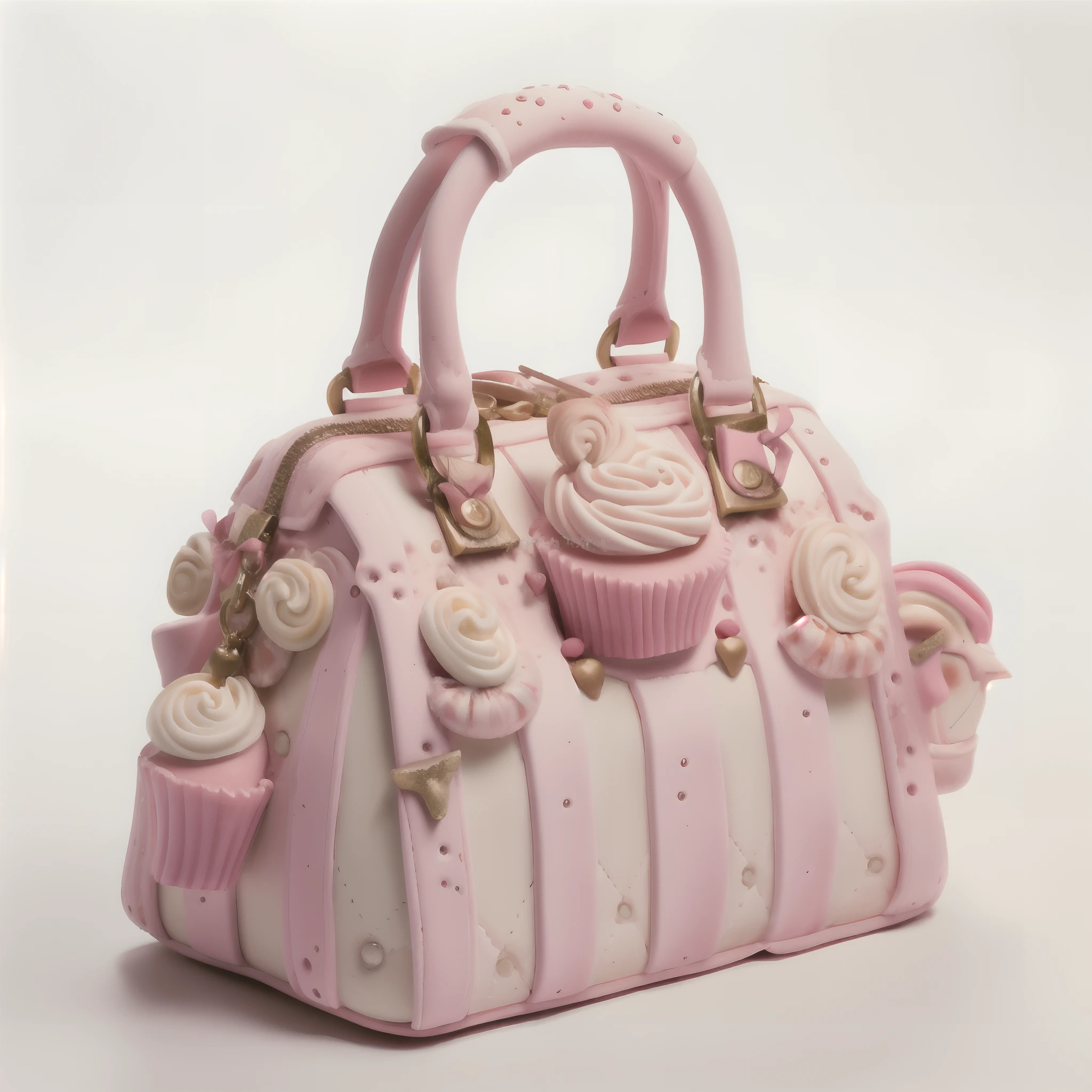 um close up de uma bolsa rosa com queques, bolsa, covered with pink marzipan, bolo, queque, fofo, arte do bolo, rosa pastel, escultura do bolo, com cores rosa suaves, com muitos detalhes, muito doce, sugary sweet, fofo!!!, esculpido a partir de doces, Requintadamente detalhado, Directed by: Arthur Pan, delicioso, caprichoso e fofo