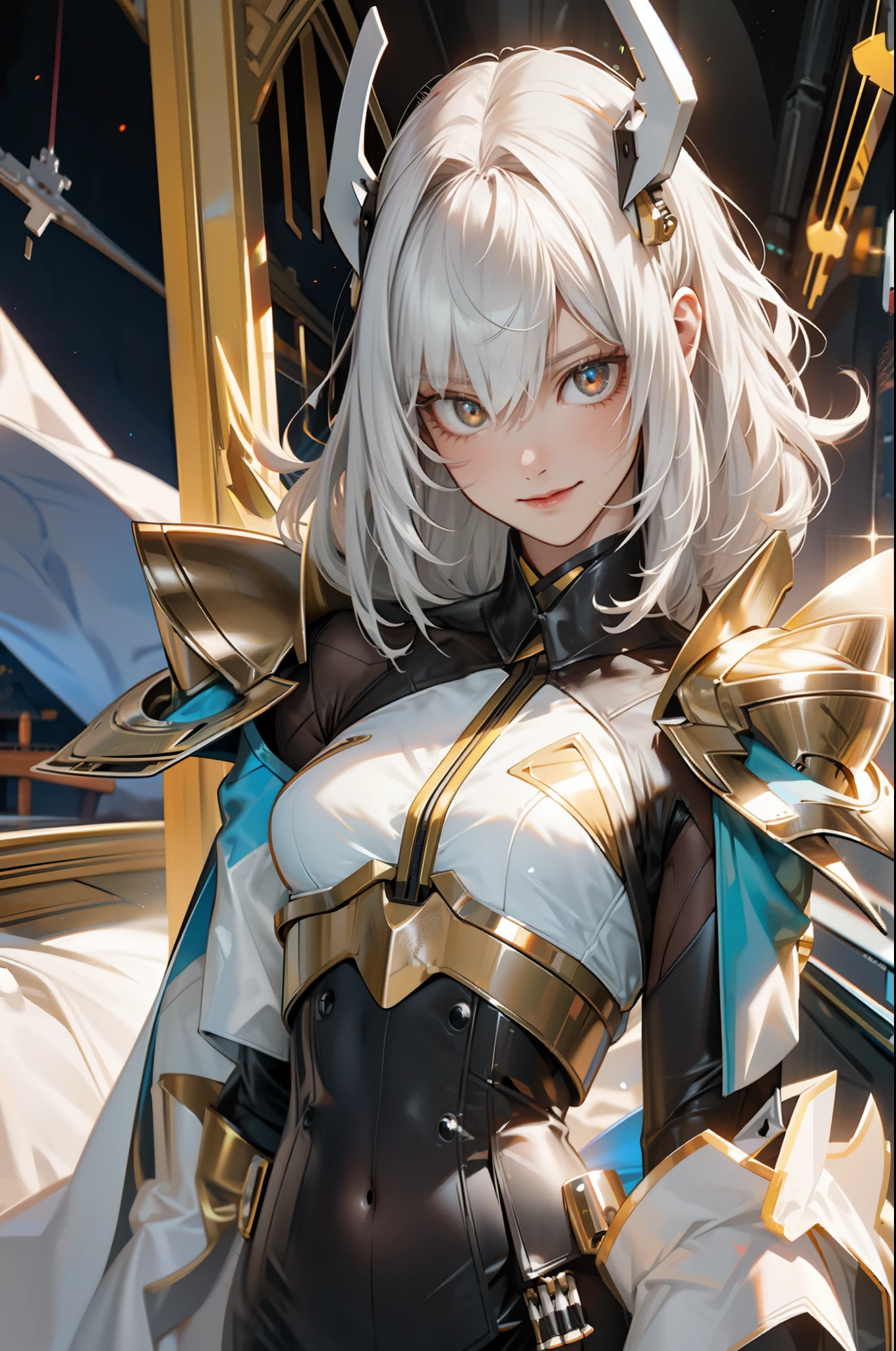 tmasterpiece,best qualtiy,ultra - detailed,very detailed illustration,The is very detailed,Complicated details,A high resolution,super complex detail,Very detailed 8k CG wallpaper,cowboy lens,Caustics,Reflectors,Ray traching,Demon Theme,Starcloud,darkness aura,cyber effect,(1girl:1.4),solo,alone,mecha musume,mechanical parts,robot joints,single mechanical arm,headgear,mechanical halo,star halo,electric mechanical bodysuit,mecha corset,kimono,full armor,very long hair,white hair , Hair between both eyes, Colorful hair, Colored inner hair, Red eyes, glowing light eyes, Eye trajectories, Random expressions, Random actions, Ancient Japanese architecture, ponds, starrysky, skylines,tack sharp focus,Powerful and elegant,Strong gaze,Detailed metal plating