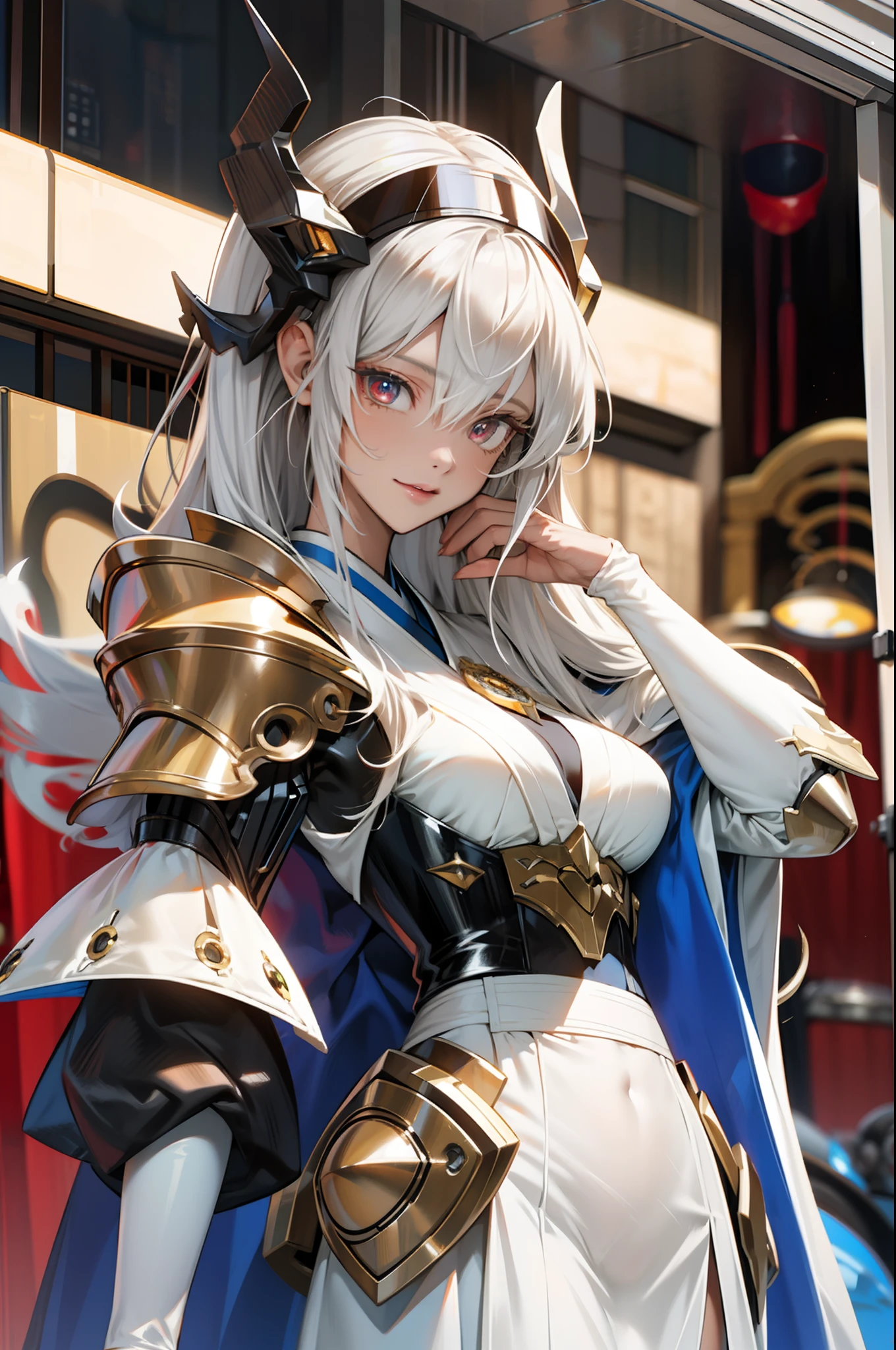 tmasterpiece，best qualtiy，ultra - detailed，very detailed illustration，The is very detailed，Complicated details，A high resolution，super complex detail，Very detailed 8k CG wallpaper，cowboy lens，Caustics，Reflectors，Ray traching，Demon Theme，Starcloud，darkness aura，cyber effect,(1girl:1.4),solo,alone,mecha musume,mechanical parts,robot joints,single mechanical arm,headgear,mechanical halo,star halo,electric mechanical bodysuit,mecha corset,kimono,full armor,very long hair,white hair , Hair between both eyes, Colorful hair, Colored inner hair, Red eyes, glowing light eyes, Eye trajectories, Random expressions, Random actions, Ancient Japanese architecture, ponds, starrysky, skylines,tack sharp focus，Powerful and elegant，Strong gaze，Detailed metal plating