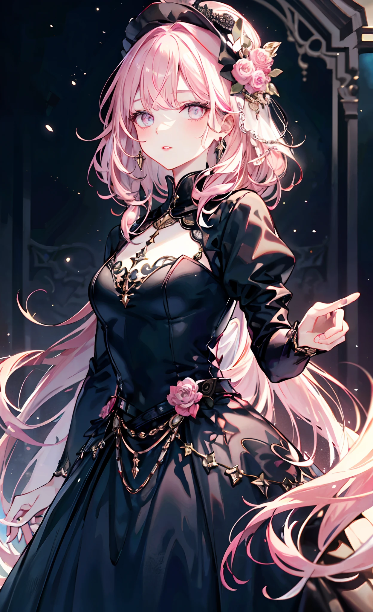meticulous portrayal of face,1 noblewoman,a matural female,Black dress long dress,(Pink White Long Hair),(dark night background+),Prom,Court etiquette, s the perfect face, perfect hand, Perfect Finger, Perfect lips, perfect eyes, Perfect background