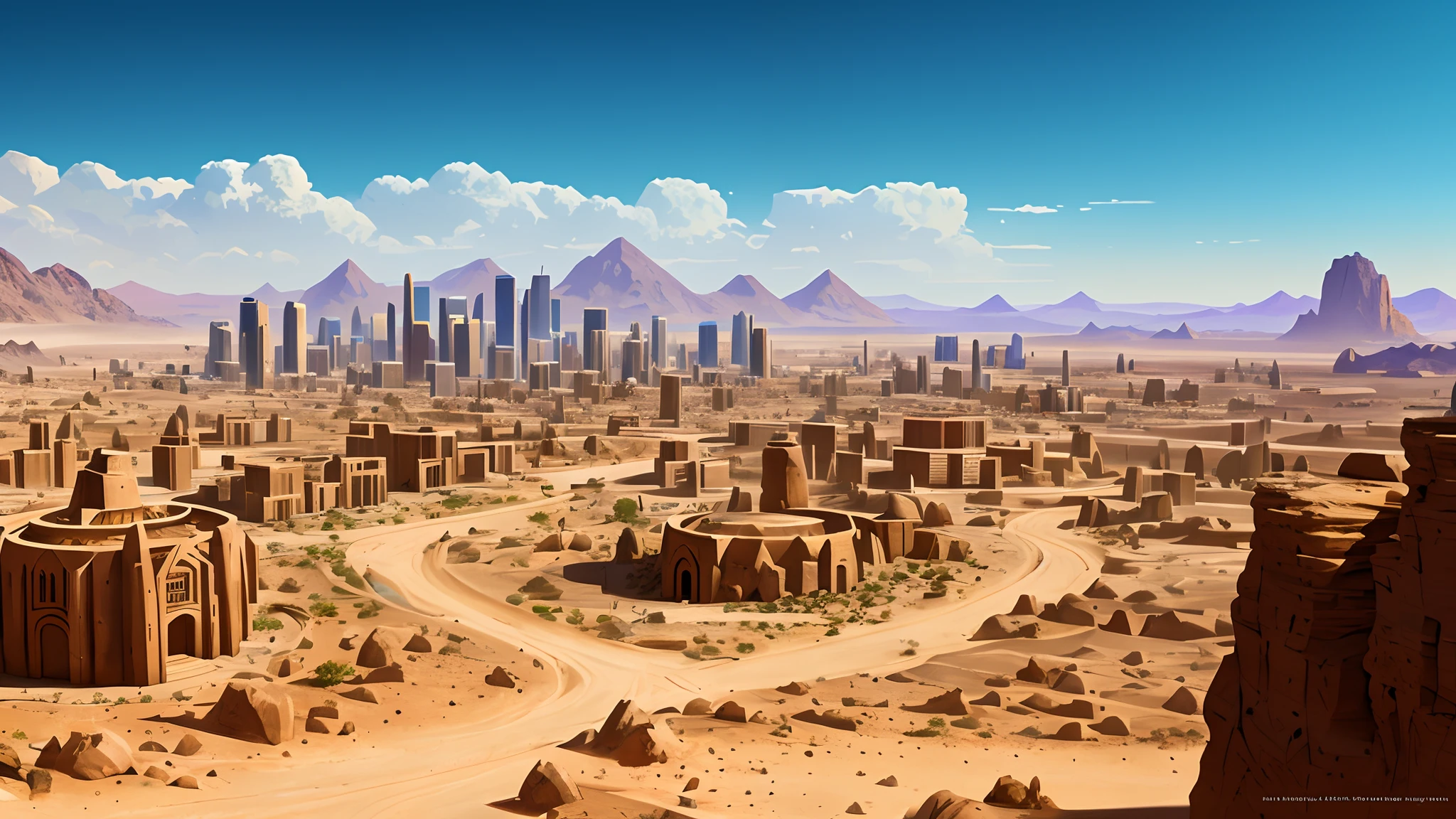 There is a painting depicting a desert city,The background is a mountain, Concept art wallpaper 4K, Detailed 4K concept art, Pictorial concept art, desert city, 4K concept art, 4000. Concept - Artov, 8 K high detail concept art, concept art 8 k, detailed digital concept art, Somewhere in the desert
