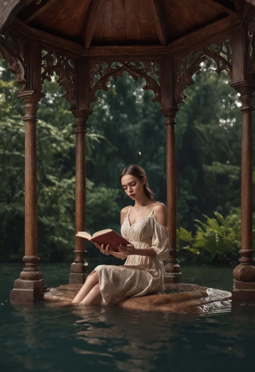 Woman sitting in water reading a book in a gazebo, Surrealismo 8K, water art manipulation, Surrealismo 4K, water manipulation photoshop, epic surrealism 8k oil painting, Arte de fantasia grande angular, fantasia sombria surreal, arte conceitual surreal, magical realism and dark fantasy, inspirado em Cyril Rolando, surreal water art, art nouveau octane render