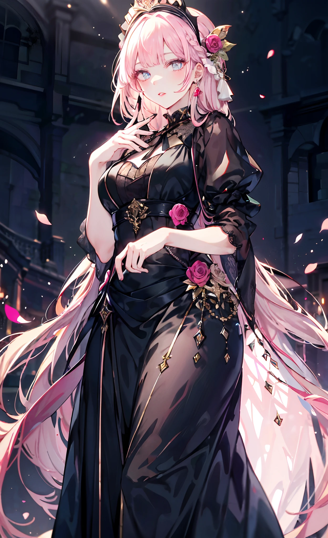 meticulous portrayal of face,1 noblewoman,a matural female,Black dress long dress,(Pink White Long Hair),(dark night background+),Prom,Court etiquette, s the perfect face, perfect hand, Perfect Finger, Perfect lips, perfect eyes, Perfect background