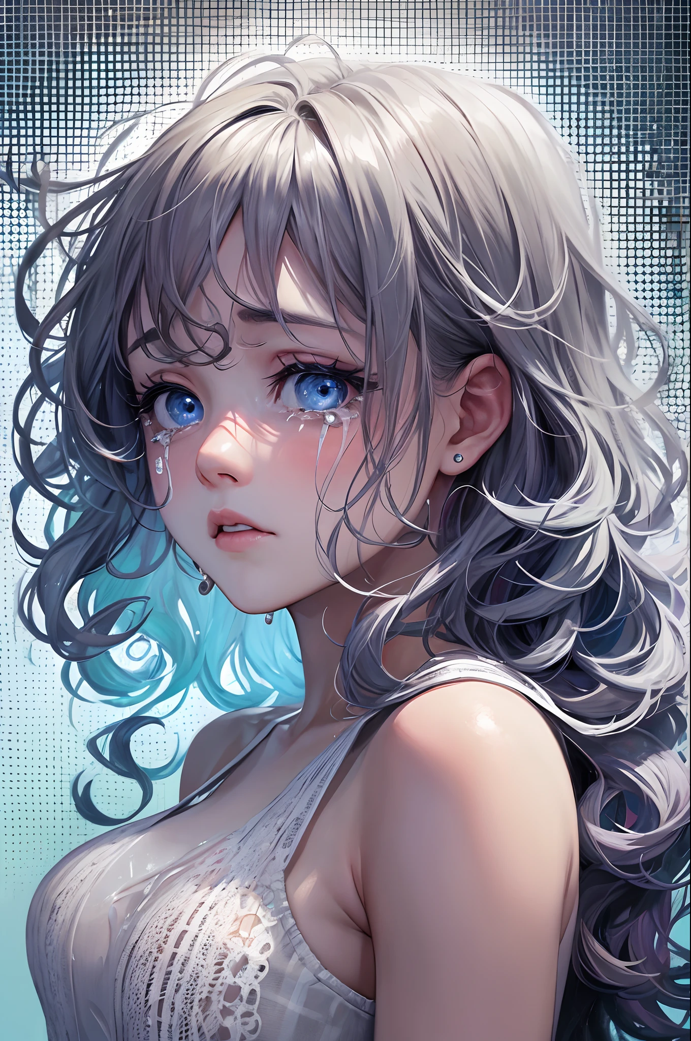 girl with curly hair, white skin, blue eyes, with a worried face, with tears streaming down her face --auto --s2