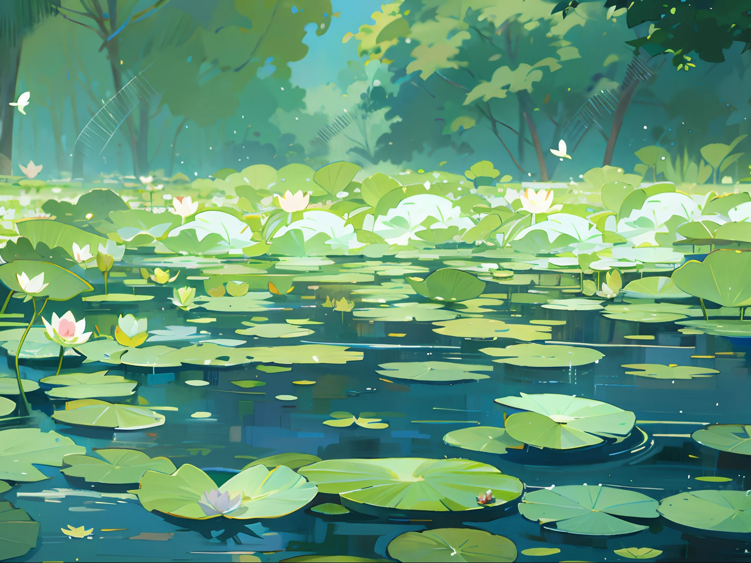 There is a painting，Inside there are water lily mats and bird ponds, green lily pads, drawn in anime painter studio, Lotus pond, Anime Nature, water lily mat, lotus flowers on the water, anime beautiful peace scene, Anime background art, highly detailed digital painting, water lily mat, studio glibly makoto shinkai, made with anime painter studio, anime backgrounds