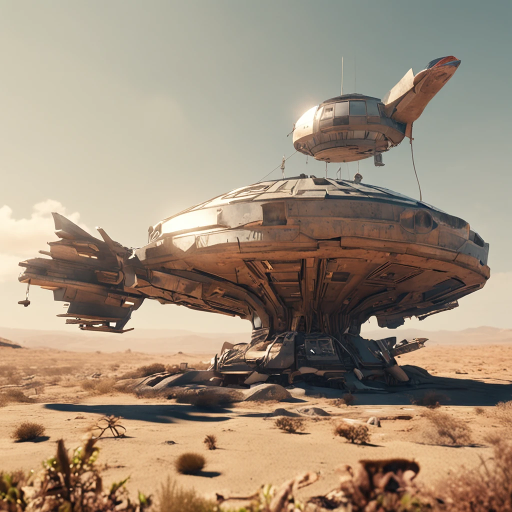 quadratic element,male people,whaite hair,The little boy stood in the ruins,A beam of light hit the little boy,Sunnyday,Tech ships fly in the air,The little boy looked at the spaceship in despair