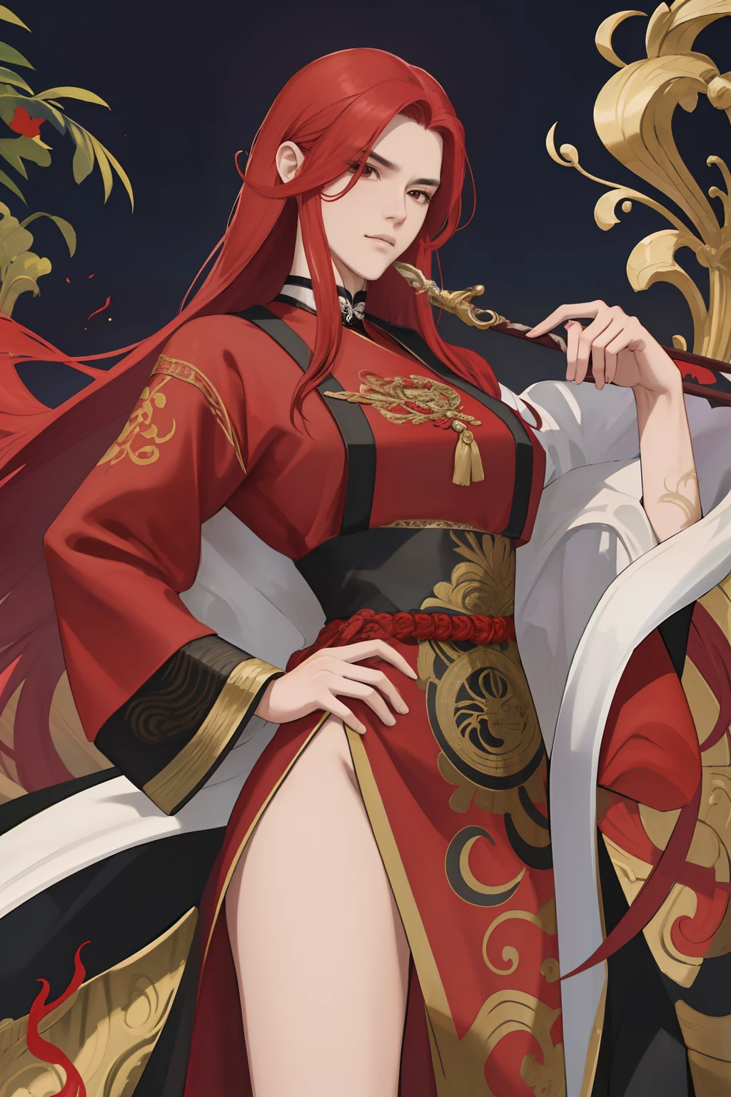 NSFW, obra-prima, melhor qualidade, ultra-detalhado, semi-realista, detailedfacialfeatures, 2mulher,usando roupa toda vermelha sensual antiga wuxia,cabelos compridos vermelhos,olhos escuros,roupa feminina de batalha,estilo dama da serpente,sexy,seios grandes,olhar malicioso e sedutor,Mulher muito bonita,He is standing holding in his left hand a whip and in his right hand a thin one, espada ancestral afiada,Villain