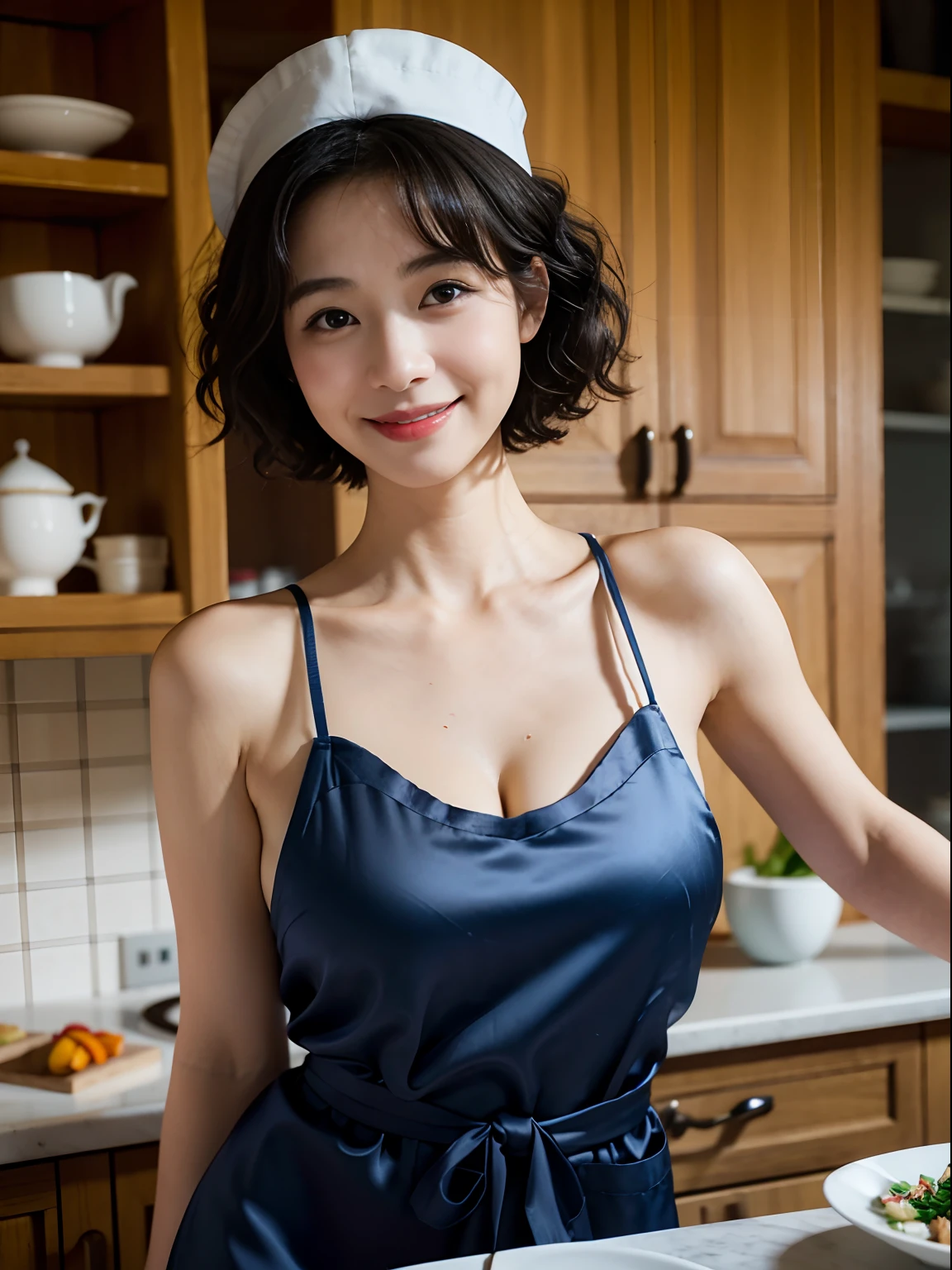 1 waitress、A smile、Bring food、Bare shoulders、Wear a silk apron、Natural light,canon 6d,real photograph,detail-rich((cleavage)),chef's hat,Short curly hair