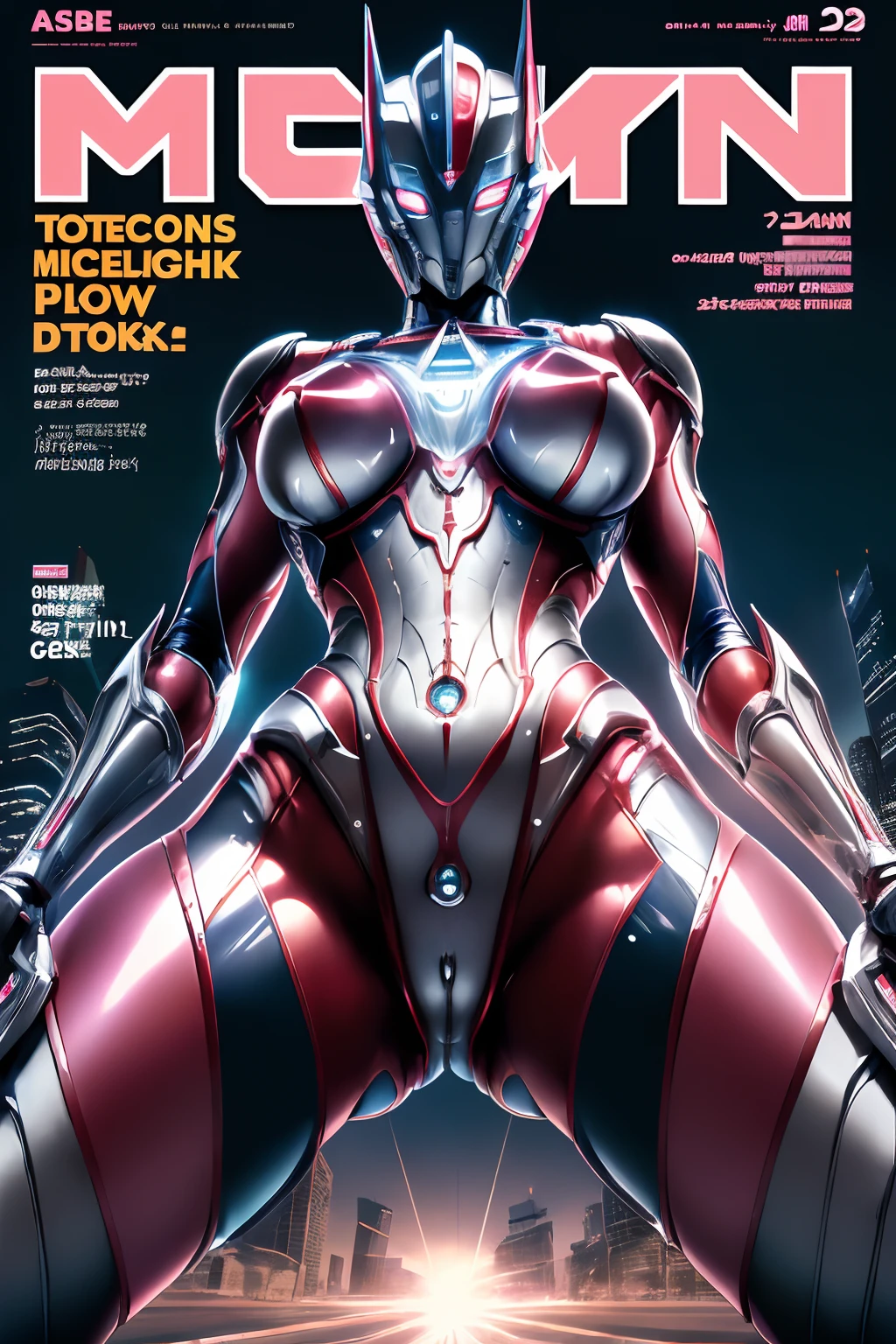 (Magazine Cover:1.4),Texto,masutepiece, Best Quality, hight resolution,Realistic,Upper body,
1girll,Female Ultraman,an enormous woman,Mecha Ultraman, Looking at Viewer,Blue, Gold and pink power armor,Chest armor,Luminous Full Armor, (translucent:1.4),(Stance:1.1),biomechanical,
building background、Mini City,metal reflective, Dramatic Lighting,。.。.3D, super detailed, Octane Render,NSFW,(victorious pose:1.3),(Cameltoe:1.2)、From below、Spread legs、show off groin,groin focus ,Spread legs,No hair,urban backdrop、the morning sun、jumpping、(erected clit:1.3)