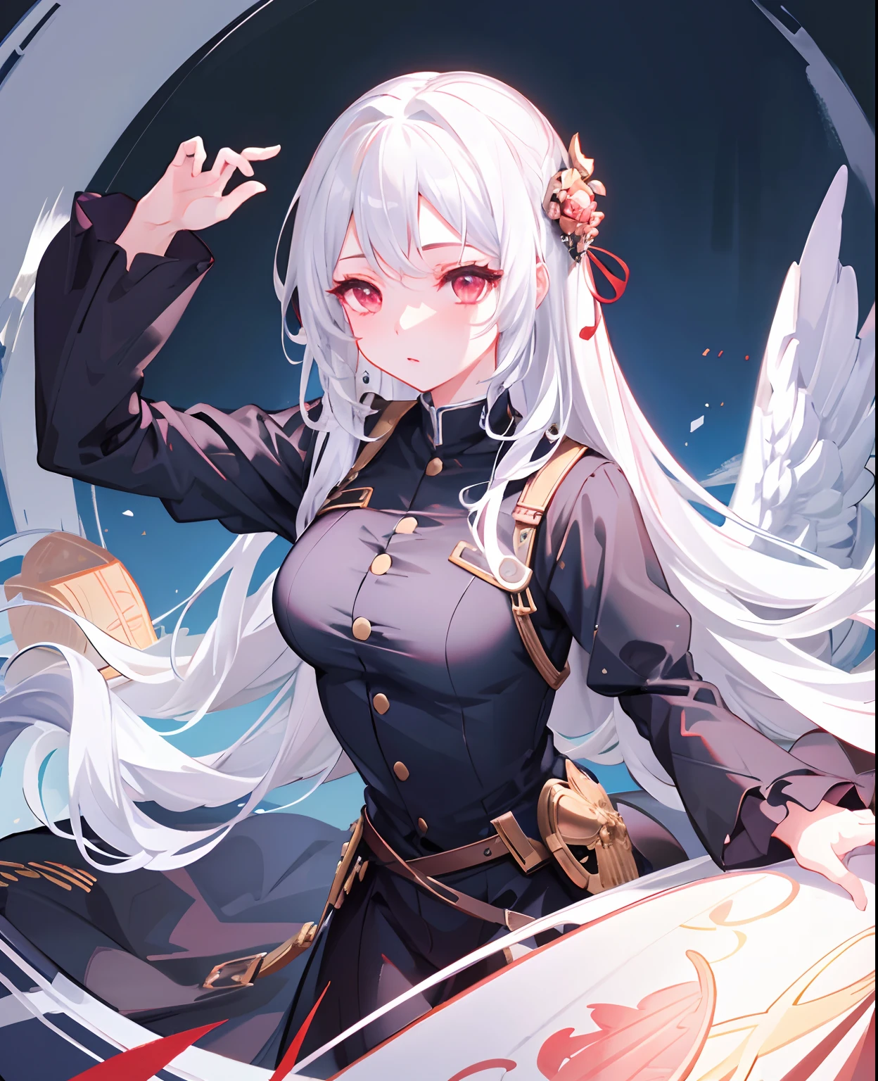 dreamy, (masterpiece), best quality, 1girl, white hair, amazing, beautiful detailed eyes, red eyes, fine details, depth of field, extremely detailed CG,