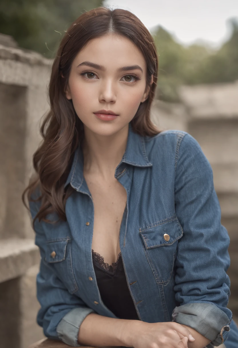 hyper HD, Masterpiece, Best quality, 8K, coffeehouse, Some tables, Some chairs, Instagram, Minimalism, 1girll, Blue denim shirt, Blue jeans,