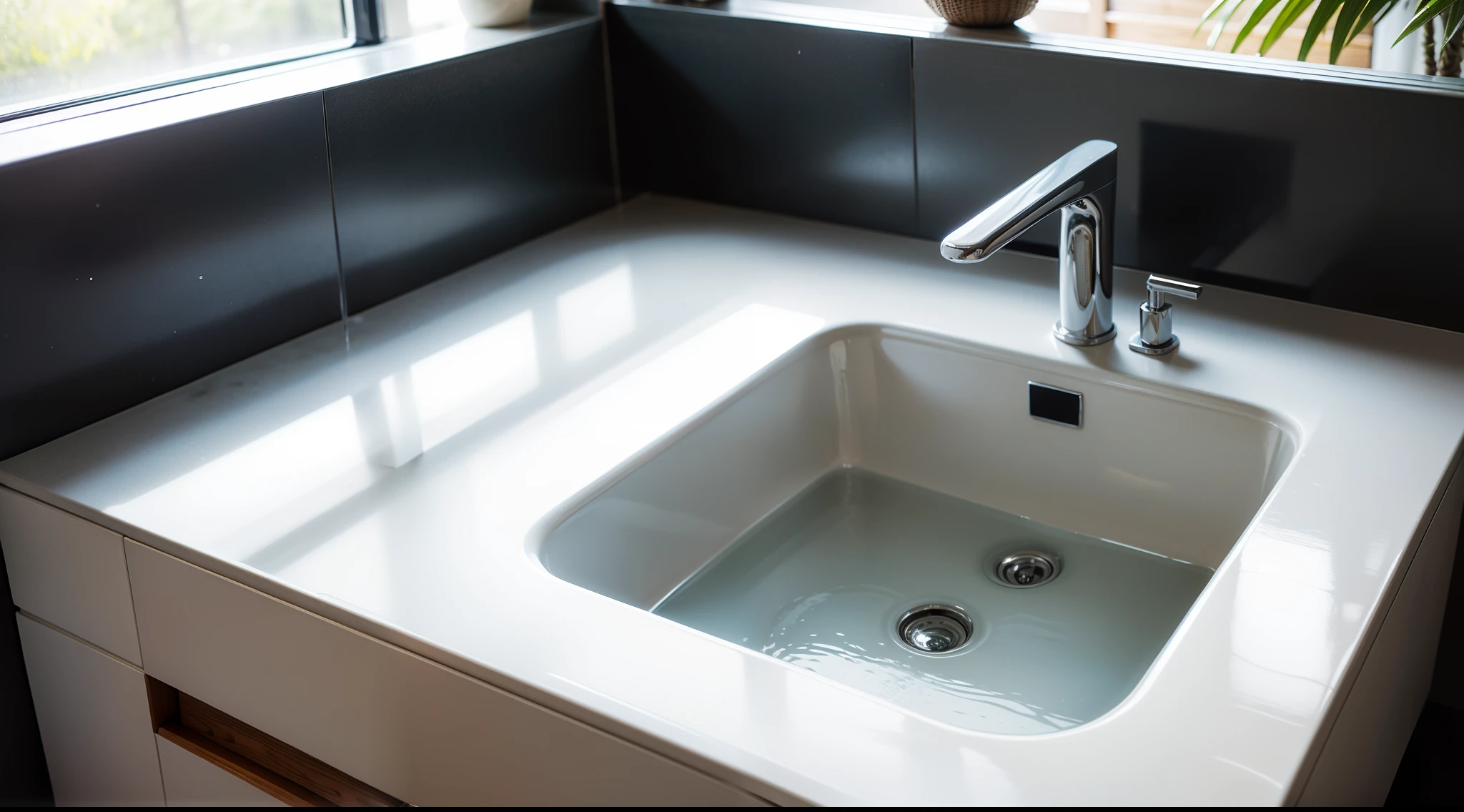 Early morning at the end of summer、Modern and comfortable home washbasin、 The sink has a simple design、Small shelves and drawers around the sink、Water is flowing vigorously from the lever-type faucet above the sink、 There is a storage space for washbasins on the counter.、Cosmetics and accessories are neatly arranged。 masutepiece, Best Quality, hight resolution, 8K, Super Detail