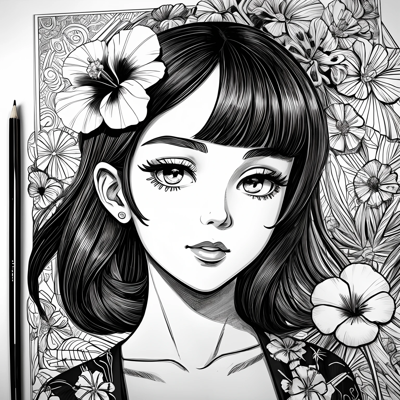 Black and white stick figure 1 girl with hibiscus flower in background,  in dress with flowers, its fine ink line art, comic style, portrait of ploynesian girl, Marilyn Munroe, Hollywood glam, beautiful line art, black and white comic style, manga style, manga art style, pencil and ink caricature drawing, black and white coloring --auto --s2