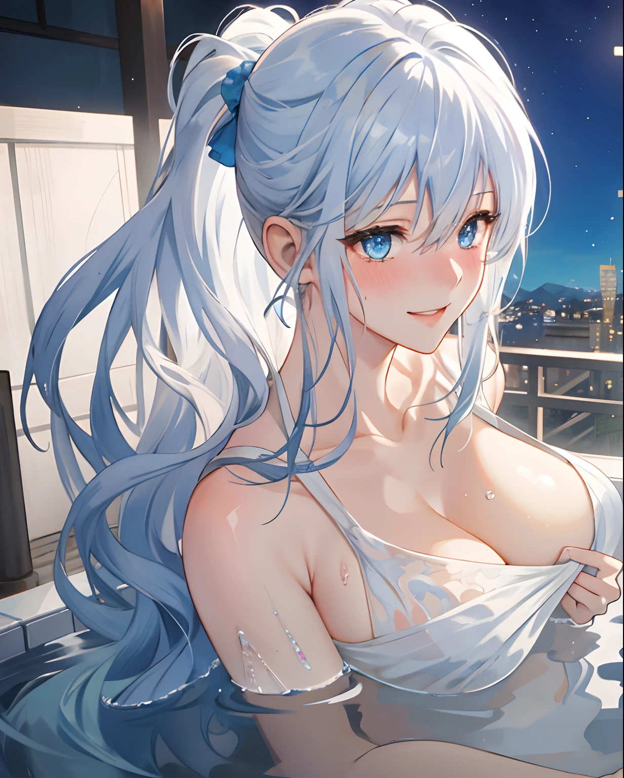 one-girl, In the hot springs,perspire,White color hair, long whitr hair, blue color eyes, wearing bath towel, Sweated a lot, Beautiful and moving, Onsenzato, Wet hair, Light smile, Blush, Ear blush, surrealism, High detail, modern, Anime style, in a panoramic view, Cowboy shot, reflective light, 8K, Super detail, High details, Best quality, Anatomically correct, Masterpiece, Textured skin