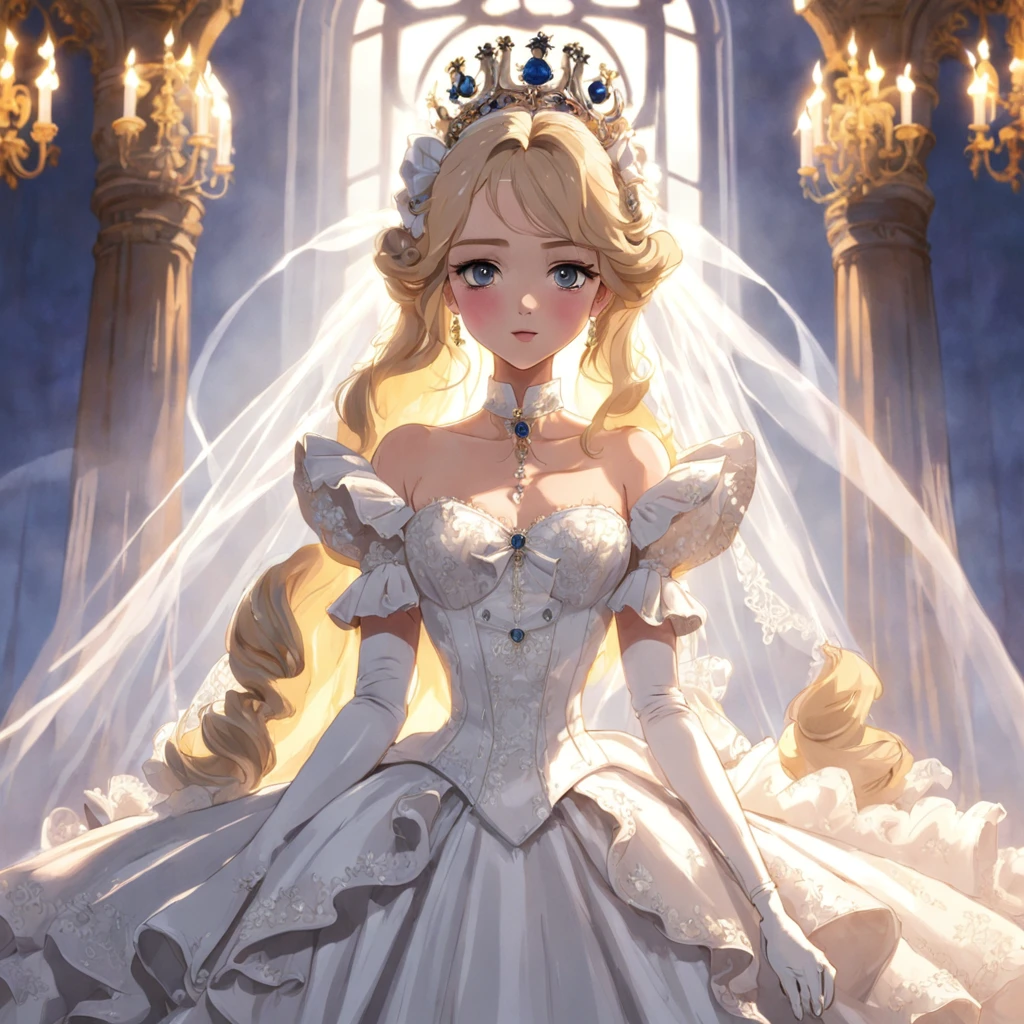 Best quality, Masterpiece, a stunningly beautiful Greer Grammer as a royal bride wearing a stately and elaborate royal wedding dress of white satin and tulle adorned with huge ribbon bows, lace, frills, flounces, embroidery and jewels, with enormous puffed sleeves, an hourglass waist and a voluminous crinoline hoopskirt, bustle, and train, long white gloves, pearl necklace and earrings, elaborately curled and styled hair