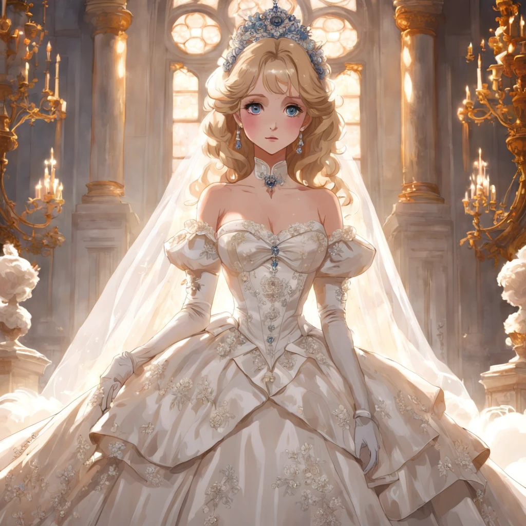 Best quality, Masterpiece, a stunningly beautiful Greer Grammer as a royal bride wearing a stately and elaborate royal wedding dress of white satin and tulle adorned with huge ribbon bows, lace, frills, flounces, embroidery and jewels, with enormous puffed sleeves, an hourglass waist and a voluminous crinoline hoopskirt, bustle, and train, long white gloves, pearl necklace and earrings, elaborately curled and styled hair