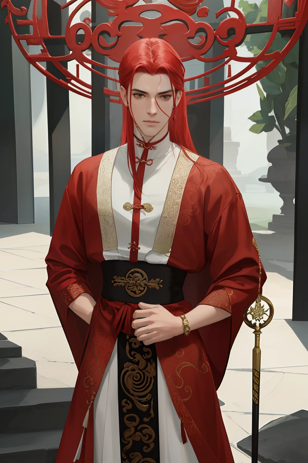 NSFW, obra-prima, melhor qualidade, ultra-detalhado, semi-realista, detailedfacialfeatures, 2mulher,usando roupa toda vermelha sensual antiga wuxia,cabelos compridos vermelhos,olhos escuros,roupa feminina de batalha,estilo dama da serpente,sexy,seios grandes,olhar malicioso e sedutor,Mulher muito bonita,He is standing holding in his left hand a whip and in his right hand a thin one, espada ancestral afiada,Villain