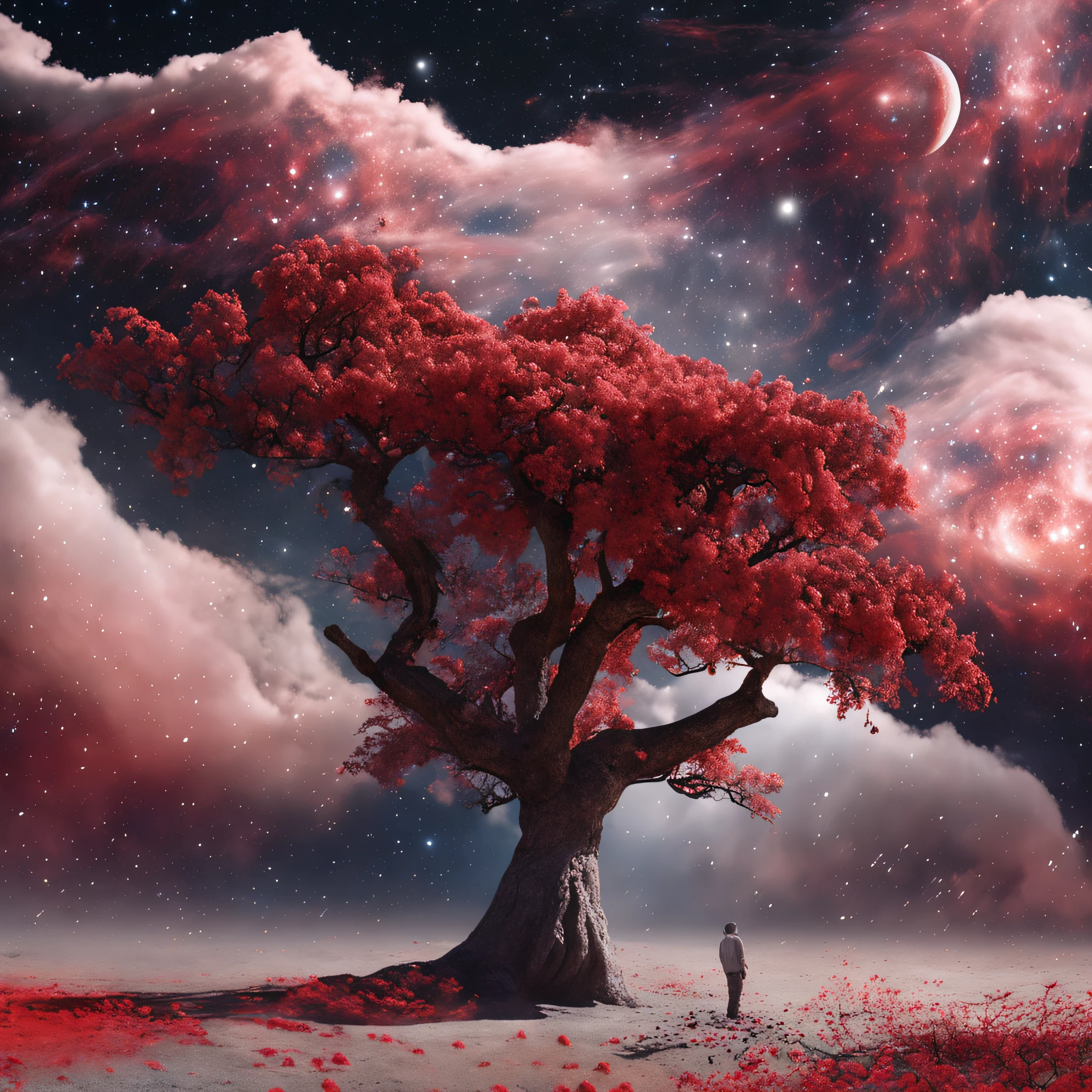 Best quality, Masterpiece, 超高分辨率, (photograph realistic:1.4), surrealism, Dream-like,fusionart, Starry Night Blood Moon